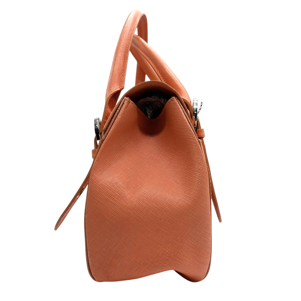 【美品】Salvatore Ferragamo サルヴァトーレフェラガモ ガンチーニ ハンドバッグ AB-21 5322 PVC レザー サーモンピンク シルバー金具 フラップ式 レディース エレガント フェミニン フォーマル 自立可 クリーニング済み D