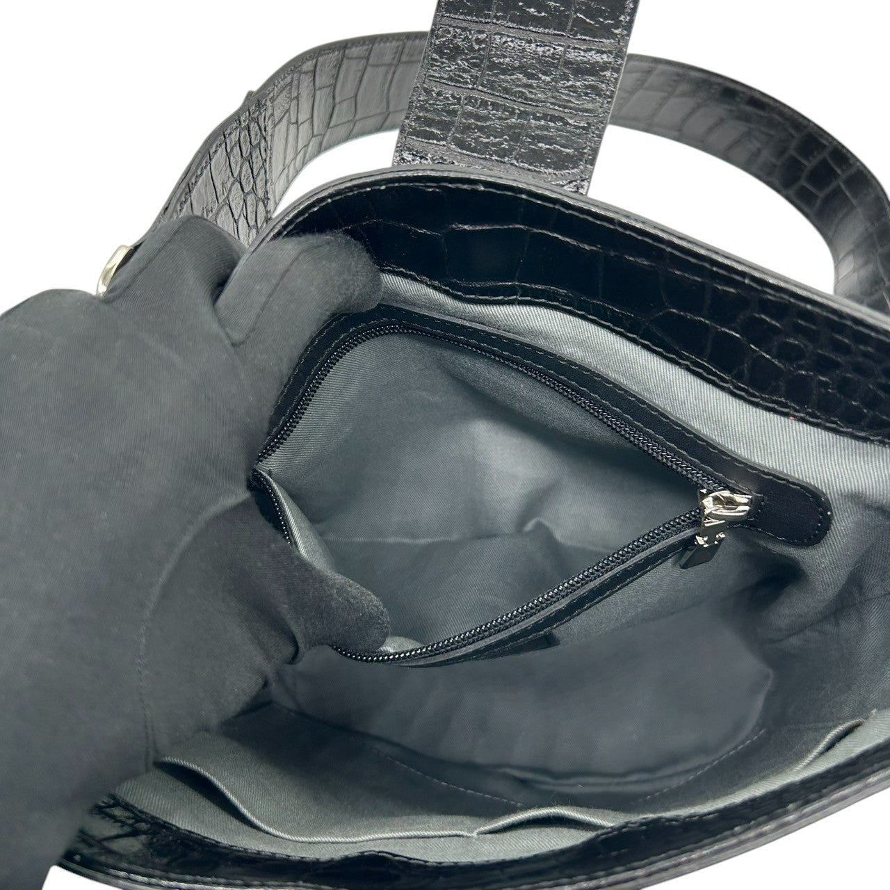 【美品】バーニーズニューヨーク BARNEYS NEWYORK ショルダーバッグ バケツバッグ レザー 本革 クロコ型押し ブラック 黒 シルバー金具 レディース エレガント モダン ワンショルダー 斜め掛け可 自立可 クリーニング済み F