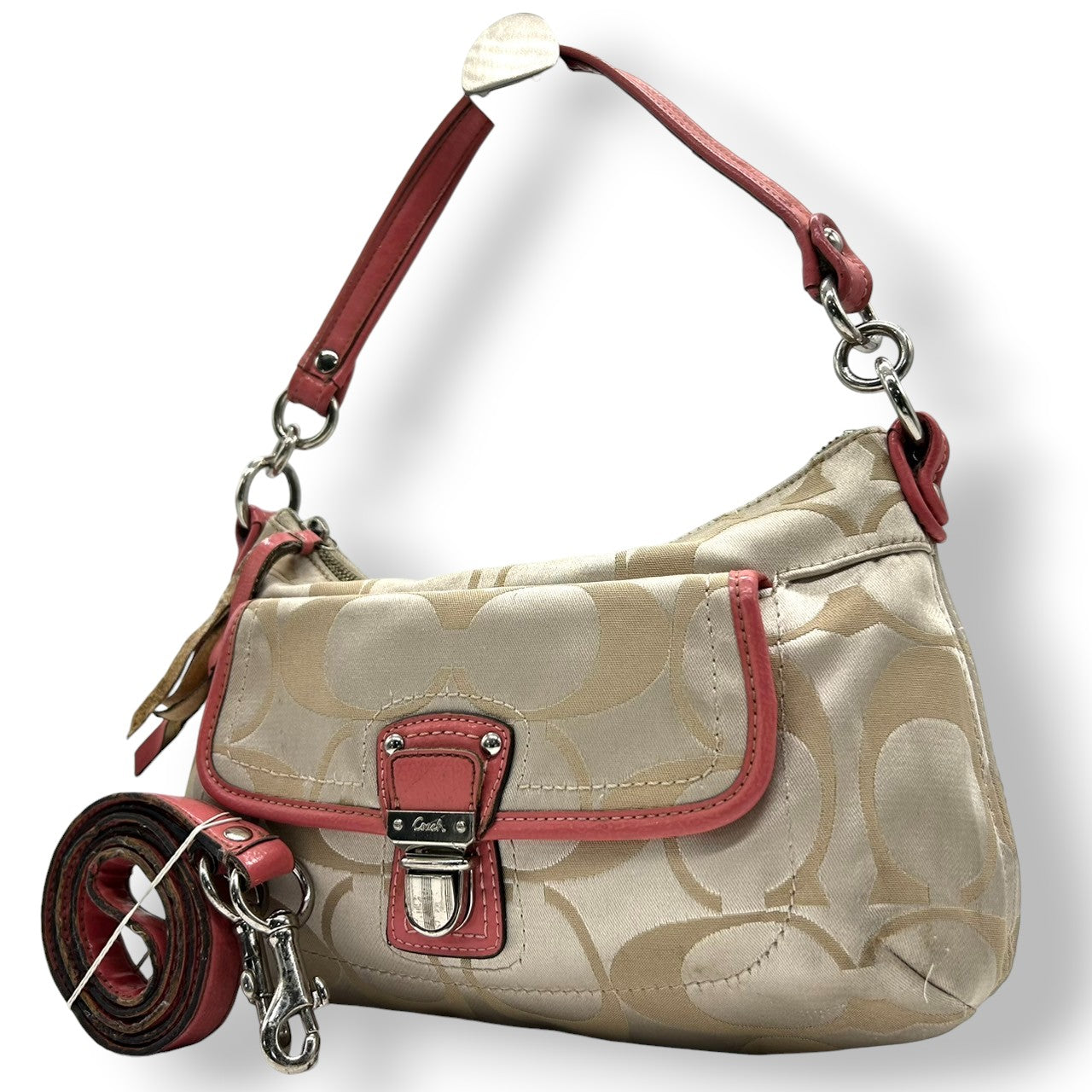 コーチ COACH ハンドバッグ ショルダーバッグ 2WAY シグネチャー 18983 ナイロン レザー ベージュ ピンク レディース フェミニン かわいい 人気モデル ワンショルダー 斜め掛け可 肩掛け クリーニング済み s32