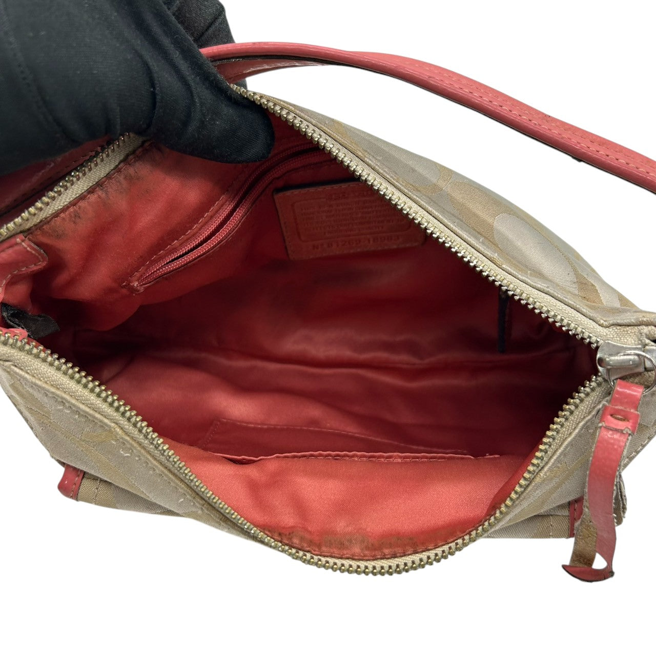 コーチ COACH ハンドバッグ ショルダーバッグ 2WAY シグネチャー 18983 ナイロン レザー ベージュ ピンク レディース フェミニン かわいい 人気モデル ワンショルダー 斜め掛け可 肩掛け クリーニング済み s32