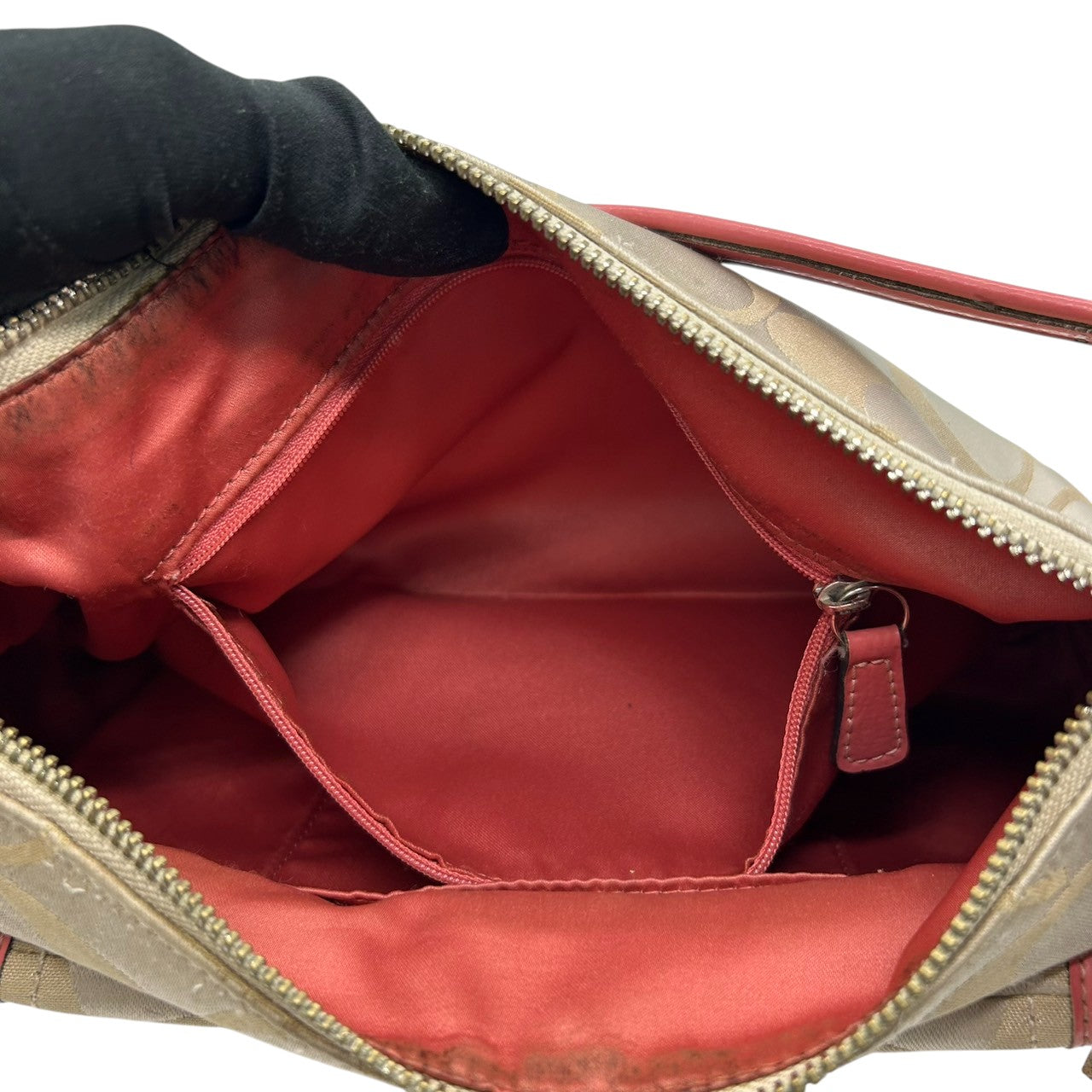 コーチ COACH ハンドバッグ ショルダーバッグ 2WAY シグネチャー 18983 ナイロン レザー ベージュ ピンク レディース フェミニン かわいい 人気モデル ワンショルダー 斜め掛け可 肩掛け クリーニング済み s32