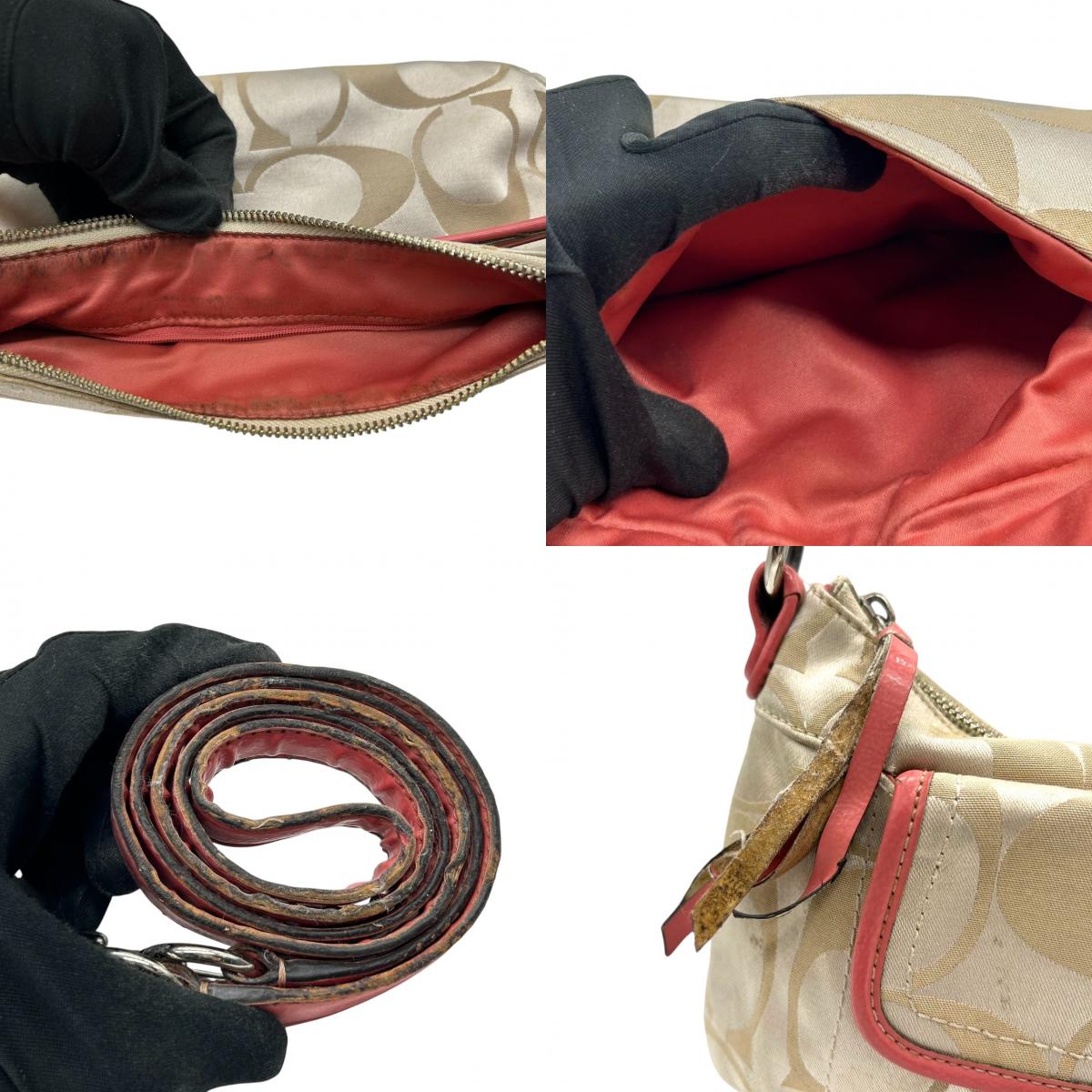 コーチ COACH ハンドバッグ ショルダーバッグ 2WAY シグネチャー 18983 ナイロン レザー ベージュ ピンク レディース フェミニン かわいい 人気モデル ワンショルダー 斜め掛け可 肩掛け クリーニング済み s32