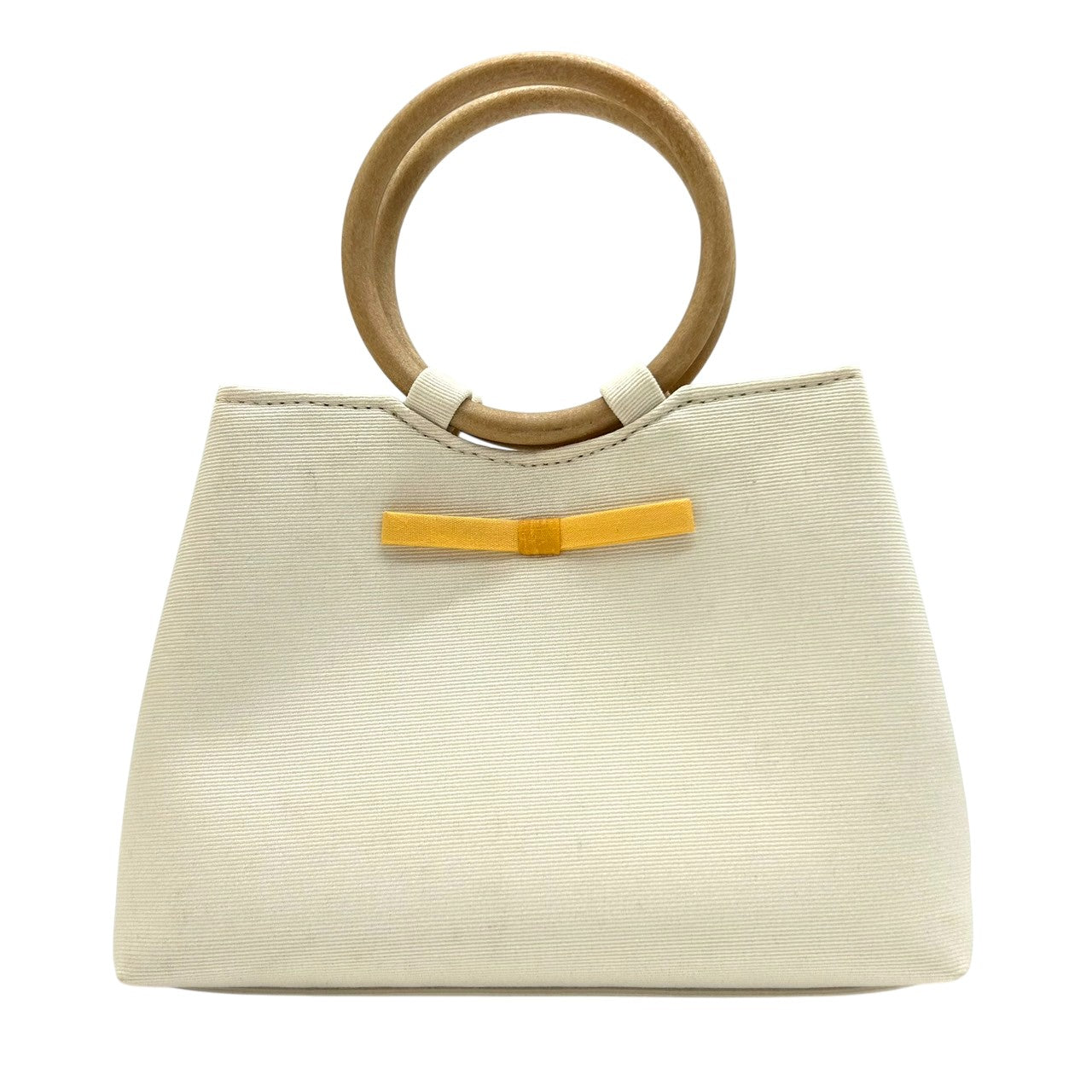 【美品/箱付き】ニナリッチ NINA RICCI ハンドバッグ ミニバッグ キャンバス ウッドハンドル リングハンドル ホワイト 白 リボンモチーフ レディース エレガント フェミニン パーティ コンパクト 自立可 クリーニング済み H