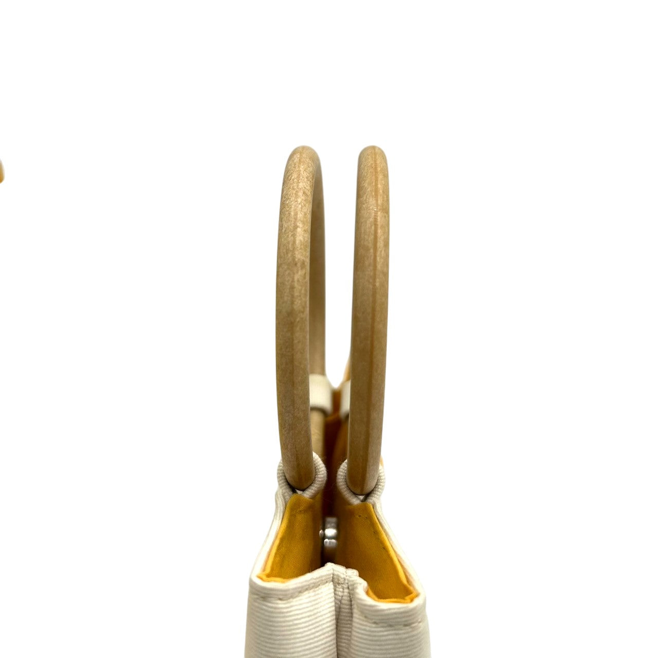 【美品/箱付き】ニナリッチ NINA RICCI ハンドバッグ ミニバッグ キャンバス ウッドハンドル リングハンドル ホワイト 白 リボンモチーフ レディース エレガント フェミニン パーティ コンパクト 自立可 クリーニング済み H