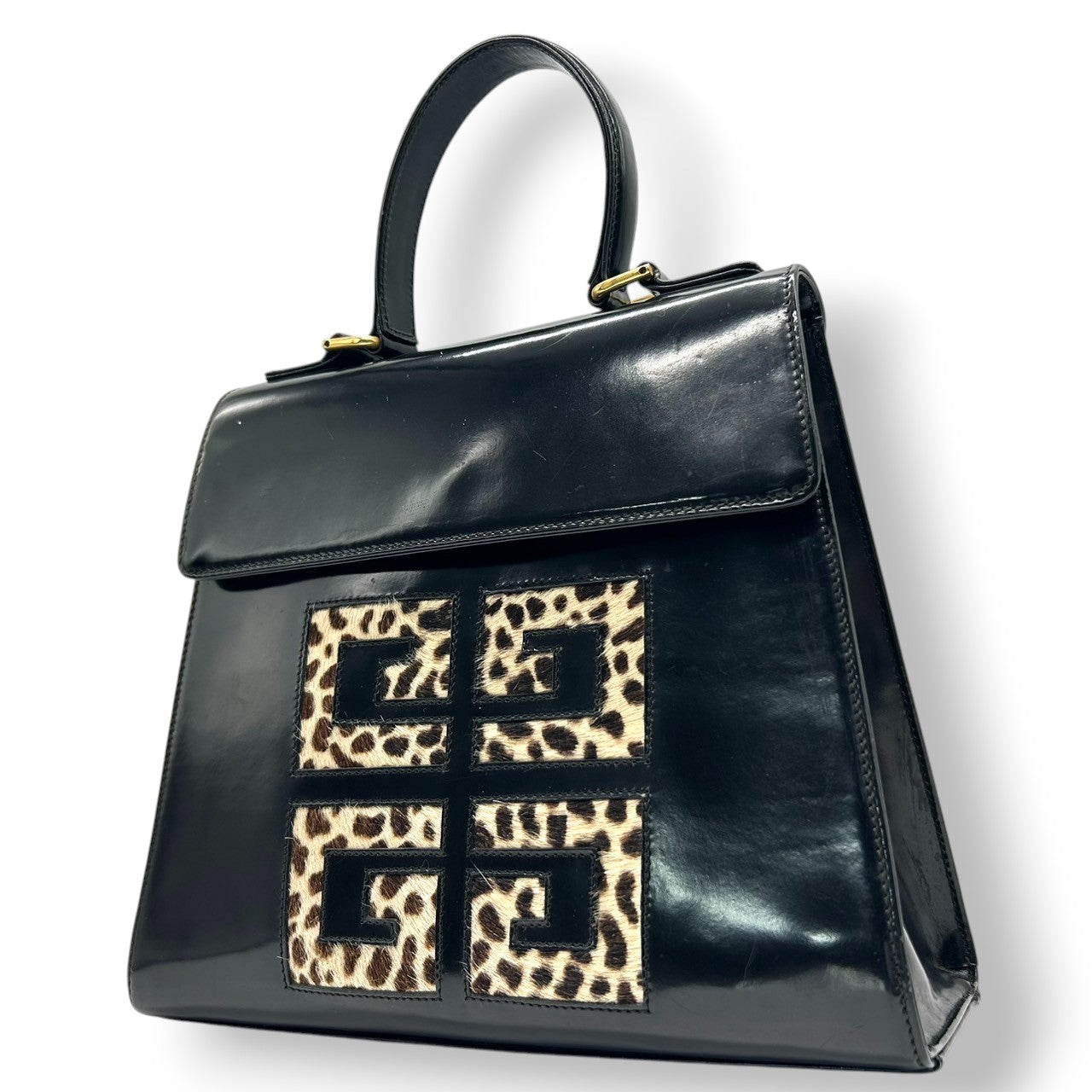 ジバンシー ジバンシィ GIVENCHY ハンドバッグ ヴィンテージ 4Gロゴ レオパード ハラコ レザー 本革 ブラック 黒 ゴールド金具 レディース フォーマル パーティバッグ クラシック エレガント 自立可 クリーニング済み s48