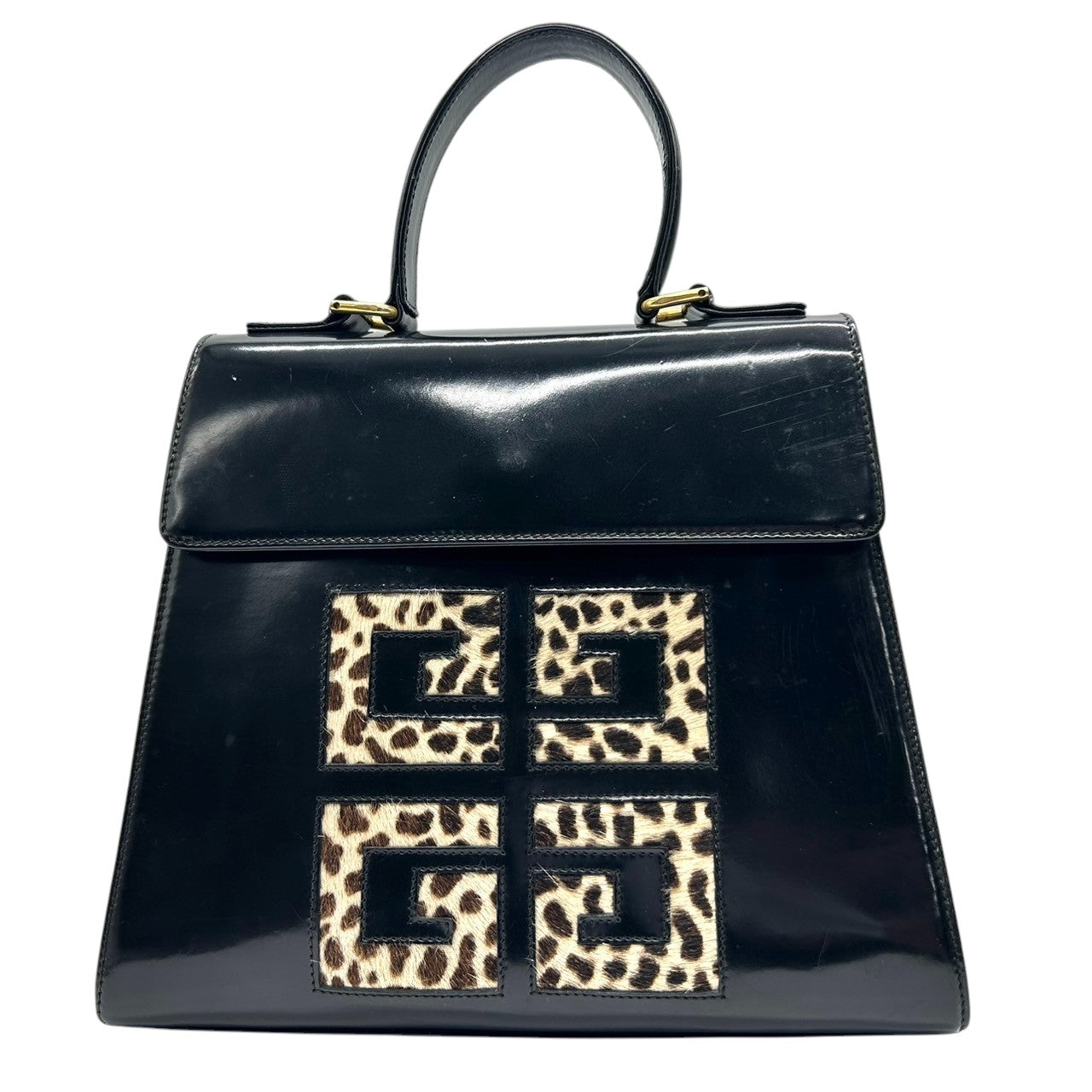 ジバンシー ジバンシィ GIVENCHY ハンドバッグ ヴィンテージ 4Gロゴ レオパード ハラコ レザー 本革 ブラック 黒 ゴールド金具 レディース フォーマル パーティバッグ クラシック エレガント 自立可 クリーニング済み s48