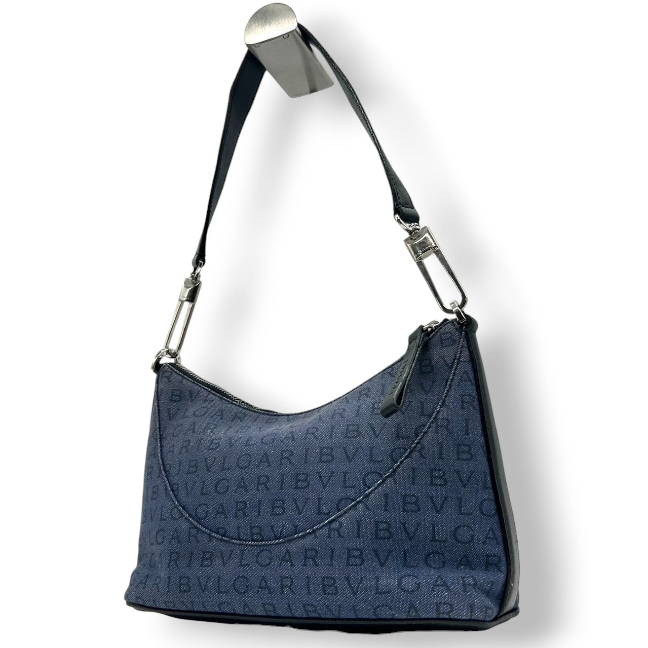 ブルガリ BVLGARI ハンドバッグ ショルダーバッグ アクセサリーポーチ ワンショルダー ロゴマニア キャンバス レザー ネイビー ブラック レディース ワンショルダー クリーニング済み s38