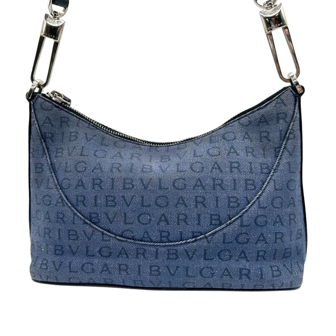 ブルガリ BVLGARI ハンドバッグ ショルダーバッグ アクセサリーポーチ ワンショルダー ロゴマニア キャンバス レザー ネイビー ブラック レディース ワンショルダー クリーニング済み s38