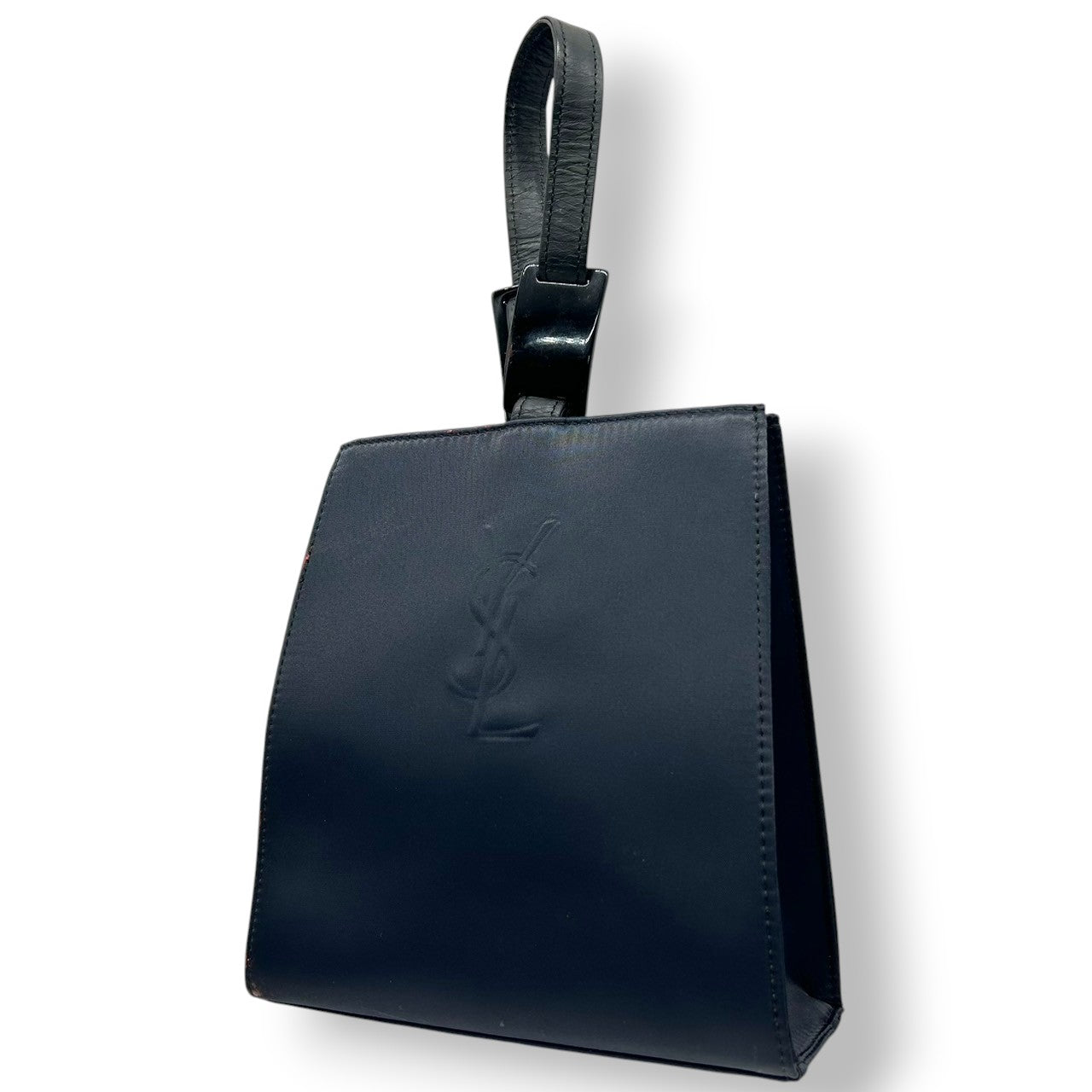 イヴサンローラン YVES SAINT LAURENT ハンドバッグ ミニバッグ YSL カサンドラロゴ エンボス ナイロン レザー ネイビー 紺 レディース ヴィンテージ ビンテージ クラシック エレガント フォーマル パーティバッグ クリーニング済み s38