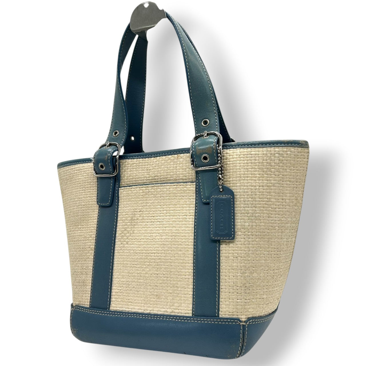 コーチ COACH トートバッグ かごバッグ ストローバッグ ハンドバッグ 8909 レザー ストロー素材 ブルー 青 ベージュ 夏 サマーバッグ レディース カジュアル 爽やか 可愛い おしゃれ 定番人気 自立可 クリーニング済み s11