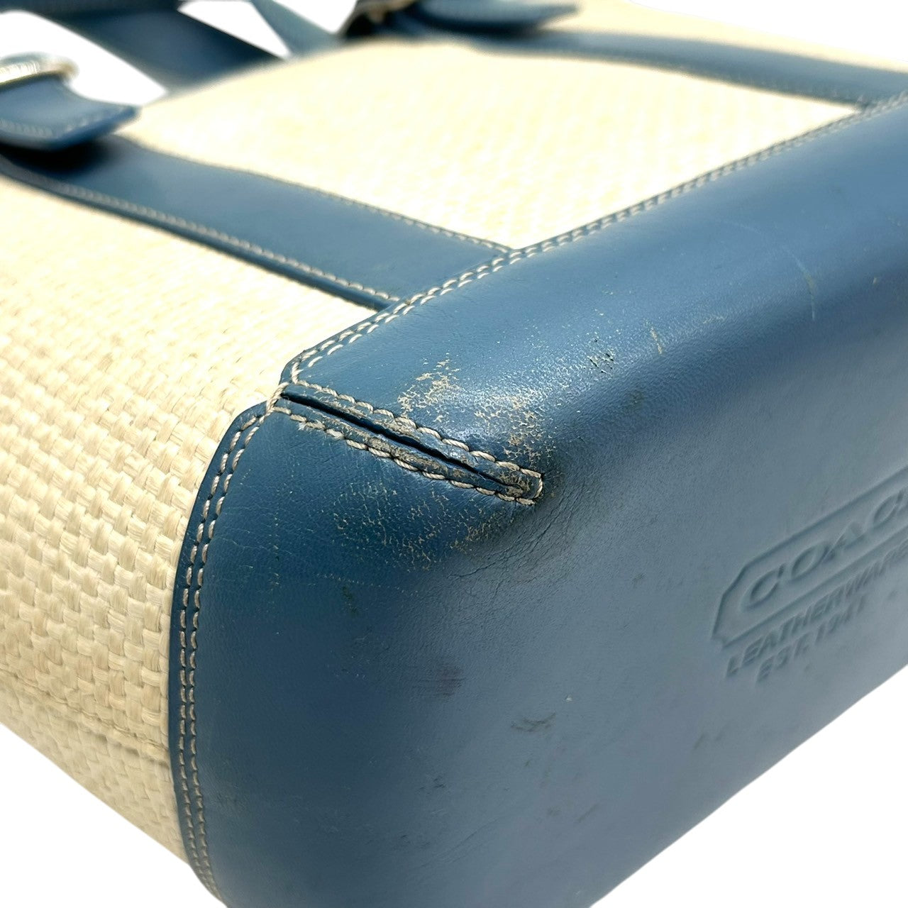 コーチ COACH トートバッグ かごバッグ ストローバッグ ハンドバッグ 8909 レザー ストロー素材 ブルー 青 ベージュ 夏 サマーバッグ レディース カジュアル 爽やか 可愛い おしゃれ 定番人気 自立可 クリーニング済み s11