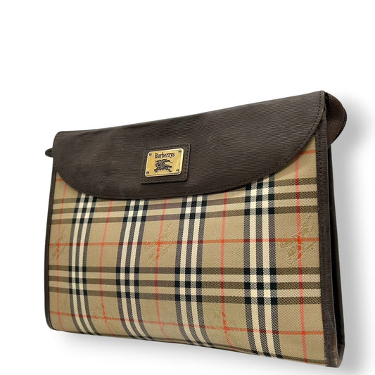 バーバリー Burberrys クラッチバッグ セカンドバッグ ポーチ ノバチェック シャドーホースロゴ ヴィンテージ ビンテージ レザー ナイロン ブラウン ベージュ メンズ レディース ユニセックス 定番人気モデル クリーニング済み s39