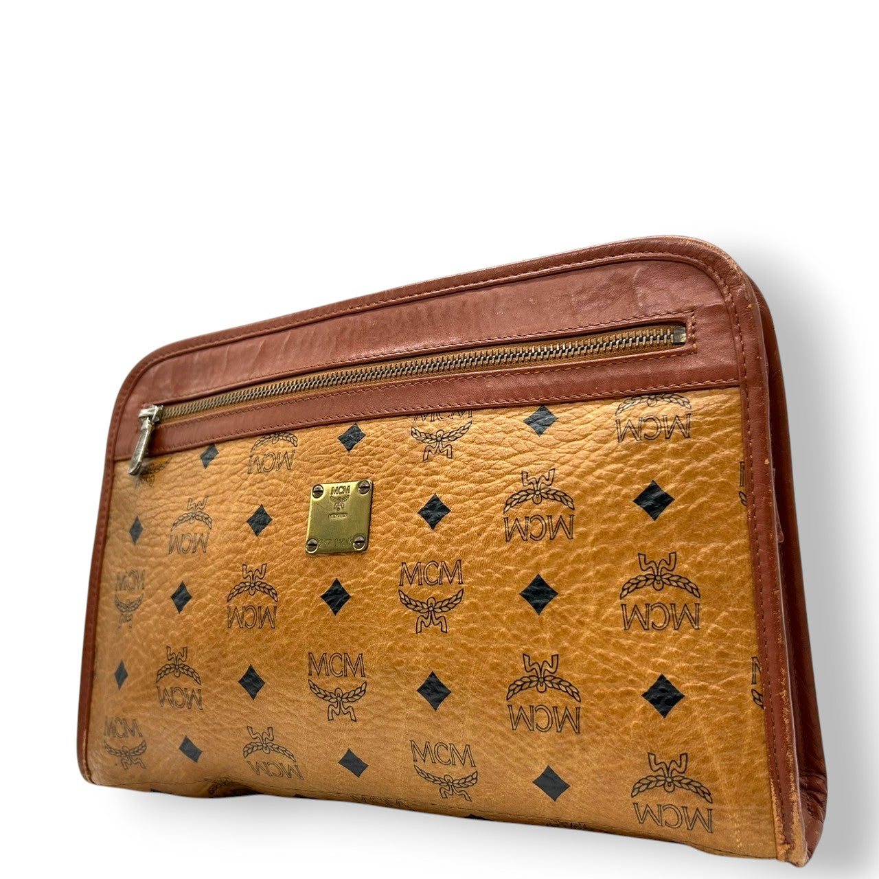 MCM エムシーエム クラッチバッグ セカンドバッグ ヴィセトス柄 ロゴグラム PVC レザー コニャック ブラウン 茶 ヴィンテージ メンズ レディース ユニセックス 定番 人気モデル プレートロゴ 男女兼用 クリーニング済み s29