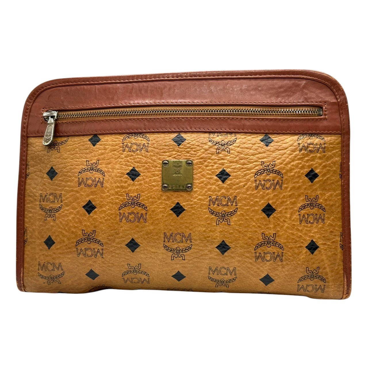 MCM エムシーエム クラッチバッグ セカンドバッグ ヴィセトス柄 ロゴグラム PVC レザー コニャック ブラウン 茶 ヴィンテージ メンズ レディース ユニセックス 定番 人気モデル プレートロゴ 男女兼用 クリーニング済み s29