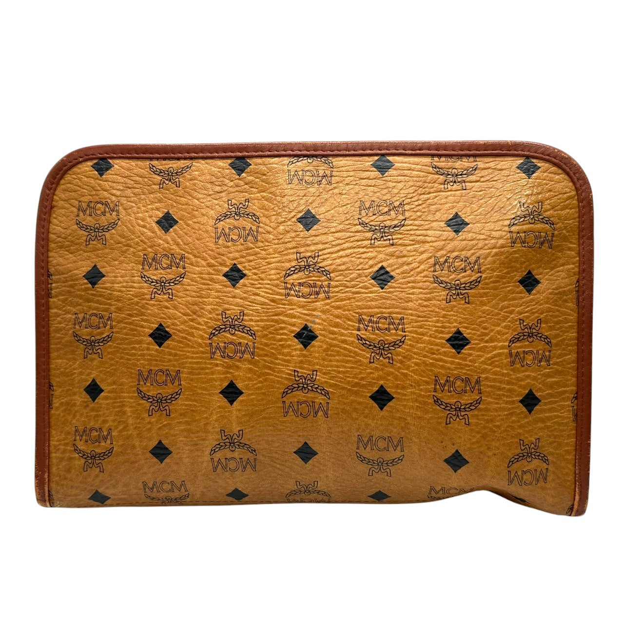 MCM エムシーエム クラッチバッグ セカンドバッグ ヴィセトス柄 ロゴグラム PVC レザー コニャック ブラウン 茶 ヴィンテージ メンズ レディース ユニセックス 定番 人気モデル プレートロゴ 男女兼用 クリーニング済み s29