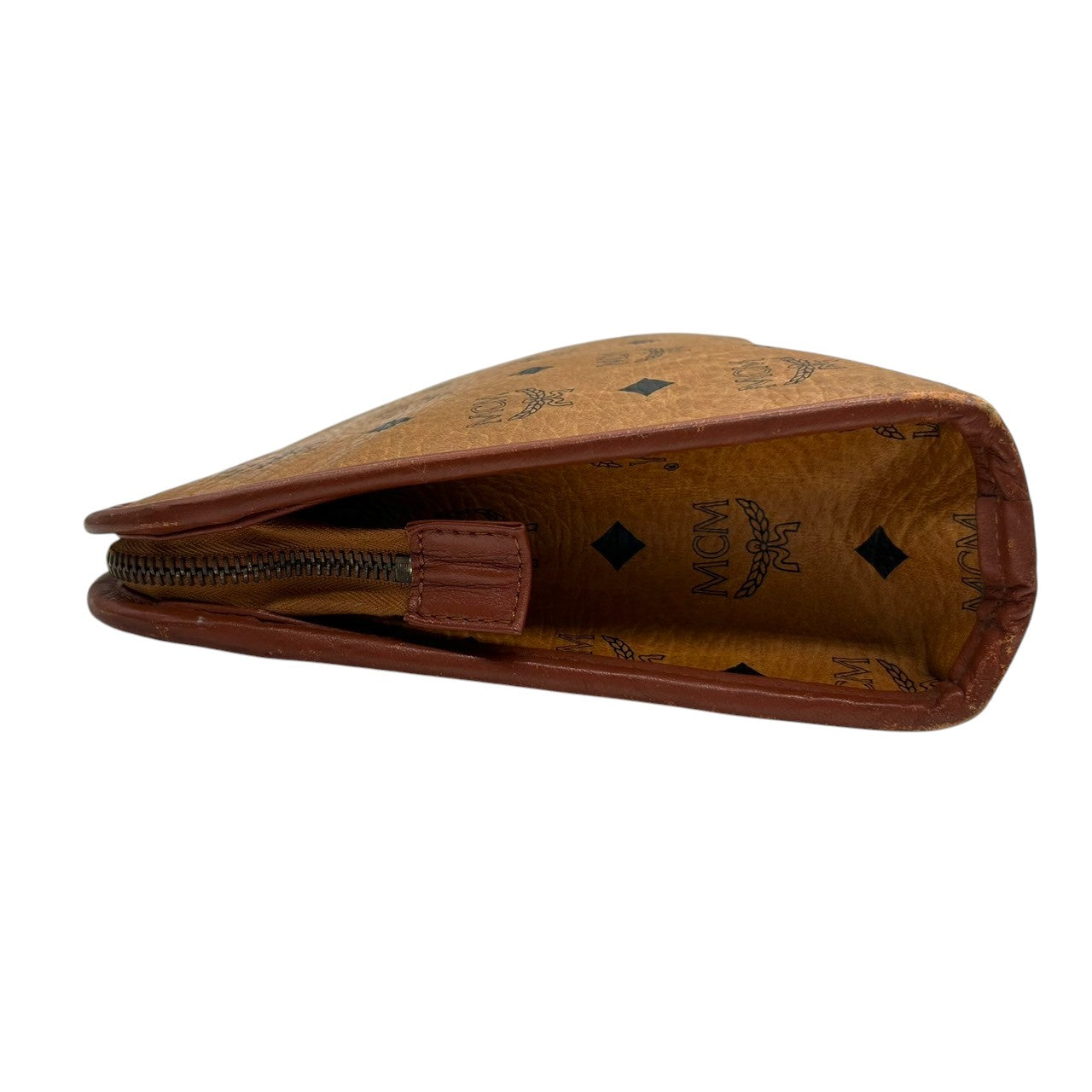 MCM エムシーエム クラッチバッグ セカンドバッグ ヴィセトス柄 ロゴグラム PVC レザー コニャック ブラウン 茶 ヴィンテージ メンズ レディース ユニセックス 定番 人気モデル プレートロゴ 男女兼用 クリーニング済み s29