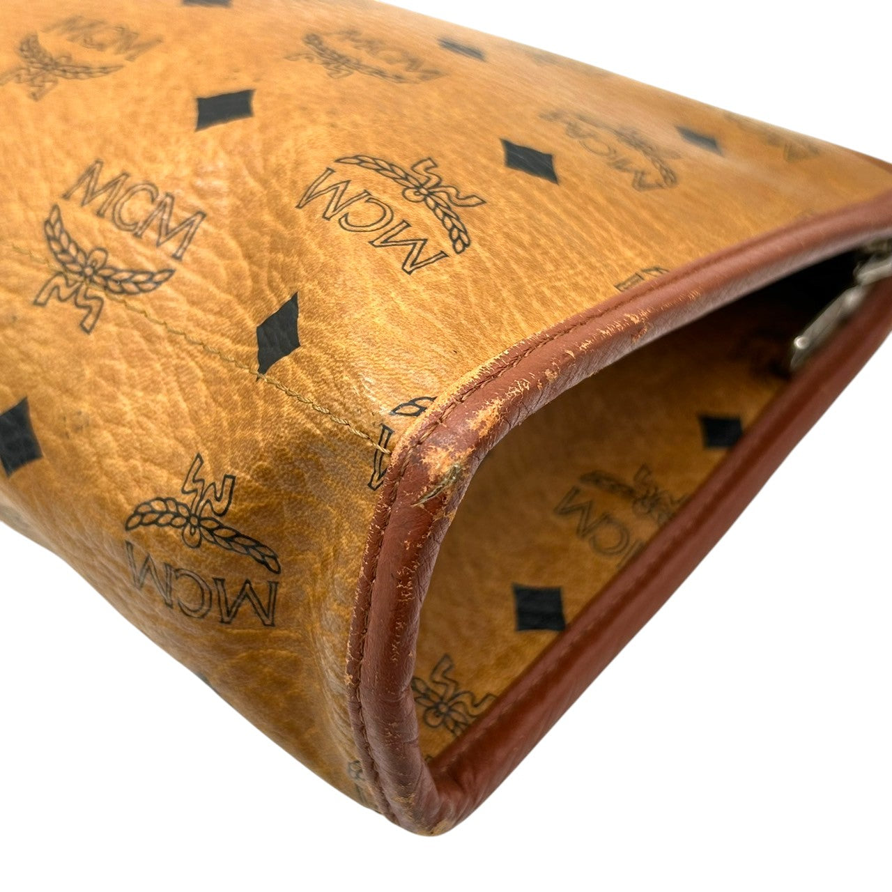 MCM エムシーエム クラッチバッグ セカンドバッグ ヴィセトス柄 ロゴグラム PVC レザー コニャック ブラウン 茶 ヴィンテージ メンズ レディース ユニセックス 定番 人気モデル プレートロゴ 男女兼用 クリーニング済み s29