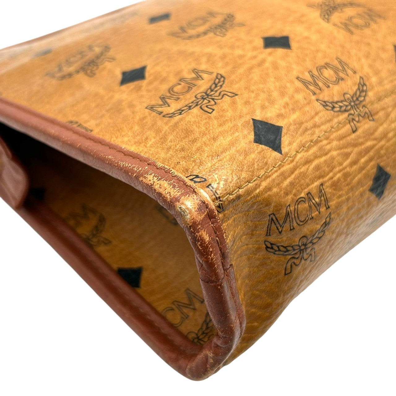 MCM エムシーエム クラッチバッグ セカンドバッグ ヴィセトス柄 ロゴグラム PVC レザー コニャック ブラウン 茶 ヴィンテージ メンズ レディース ユニセックス 定番 人気モデル プレートロゴ 男女兼用 クリーニング済み s29