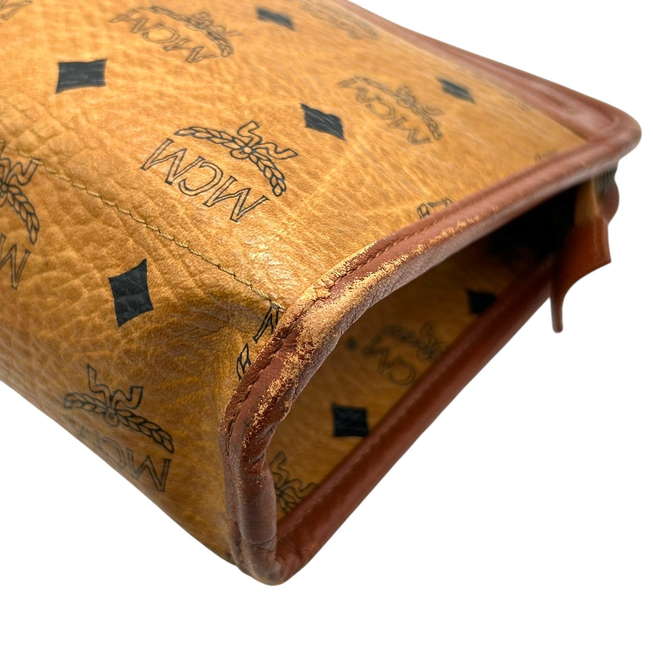 MCM エムシーエム クラッチバッグ セカンドバッグ ヴィセトス柄 ロゴグラム PVC レザー コニャック ブラウン 茶 ヴィンテージ メンズ レディース ユニセックス 定番 人気モデル プレートロゴ 男女兼用 クリーニング済み s29