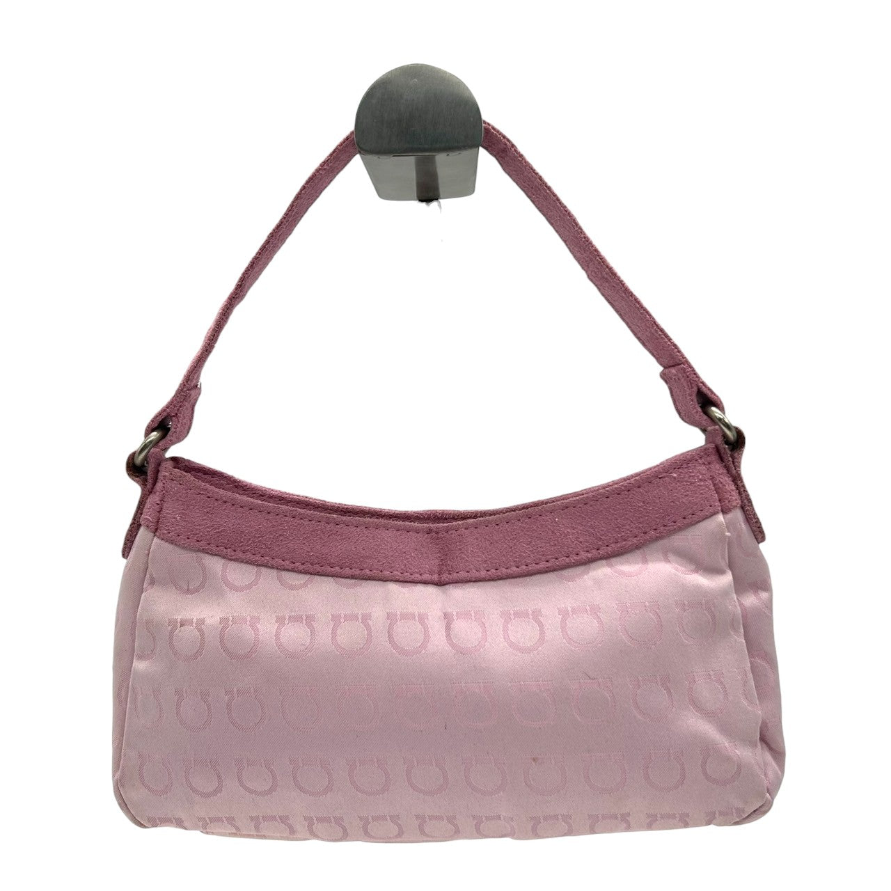 サルヴァトーレフェラガモ ハンドバッグ ミニバッグ アクセサリーポーチ ガンチーニ柄 ジャガード キャンバス スエード ピンク レディース フェミニン かわいい コンパクト 肩掛け ワンショルダー PARFUMS ノベルティ クリーニング済み s39