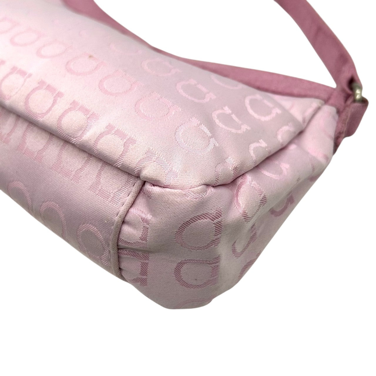 サルヴァトーレフェラガモ ハンドバッグ ミニバッグ アクセサリーポーチ ガンチーニ柄 ジャガード キャンバス スエード ピンク レディース フェミニン かわいい コンパクト 肩掛け ワンショルダー PARFUMS ノベルティ クリーニング済み s39