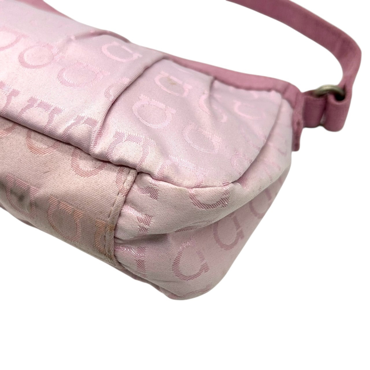 サルヴァトーレフェラガモ ハンドバッグ ミニバッグ アクセサリーポーチ ガンチーニ柄 ジャガード キャンバス スエード ピンク レディース フェミニン かわいい コンパクト 肩掛け ワンショルダー PARFUMS ノベルティ クリーニング済み s39