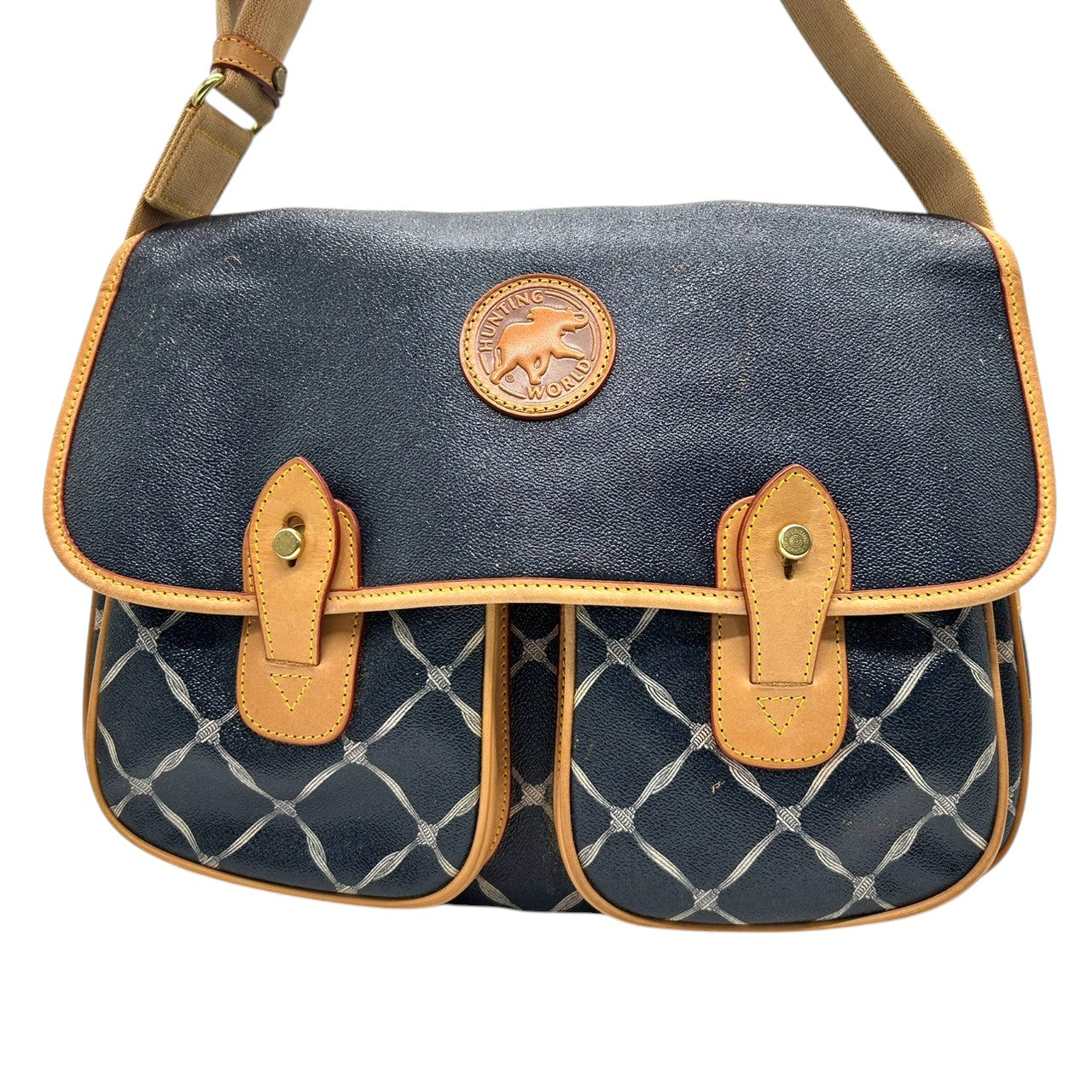 ハンティングワールド HUNTING WORLD ショルダーバッグ バチュークロス サファリ PVC レザー ネイビー キャメル 格子柄 フラップ ヴィンテージ イタリア製 バチューサー メッセンジャーバッグ 人気モデル X2