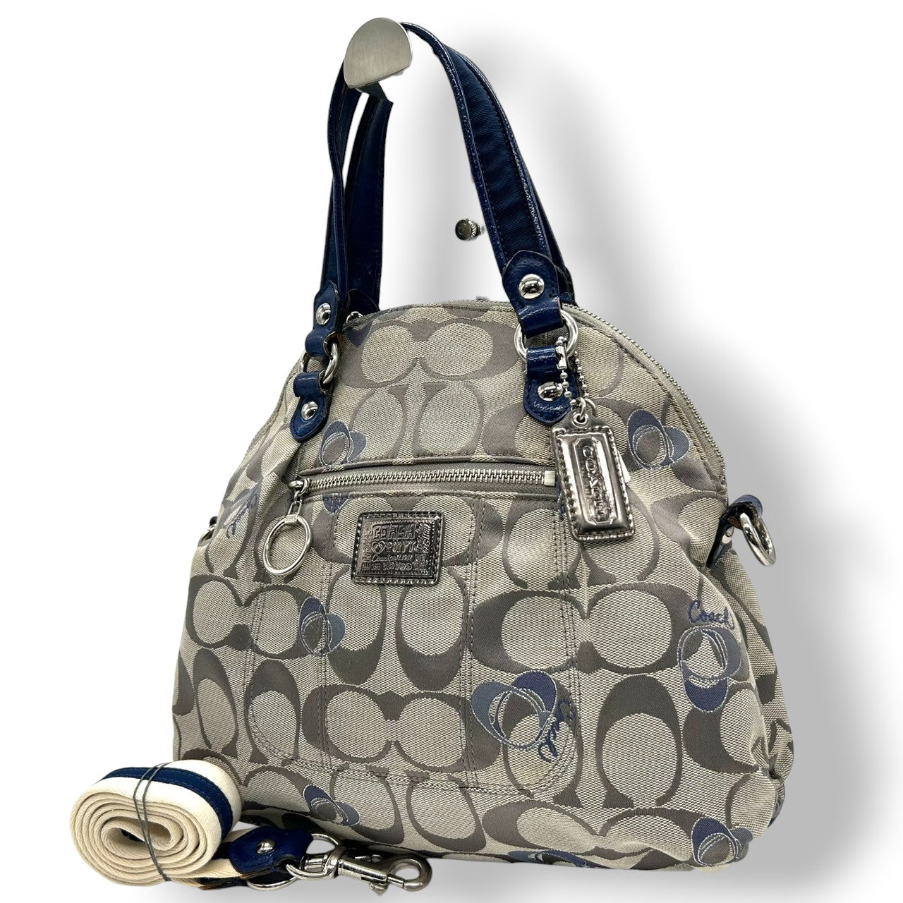 コーチ COACH 2WAY ハンドバッグ ショルダーバッグ ポピー シグネチャー スポットライト 18704 キャンバス パテントレザー グレー ネイビー レディース エレガント フェミニン 定番人気モデル 肩掛け 斜め掛け可 クリーニング済み s29