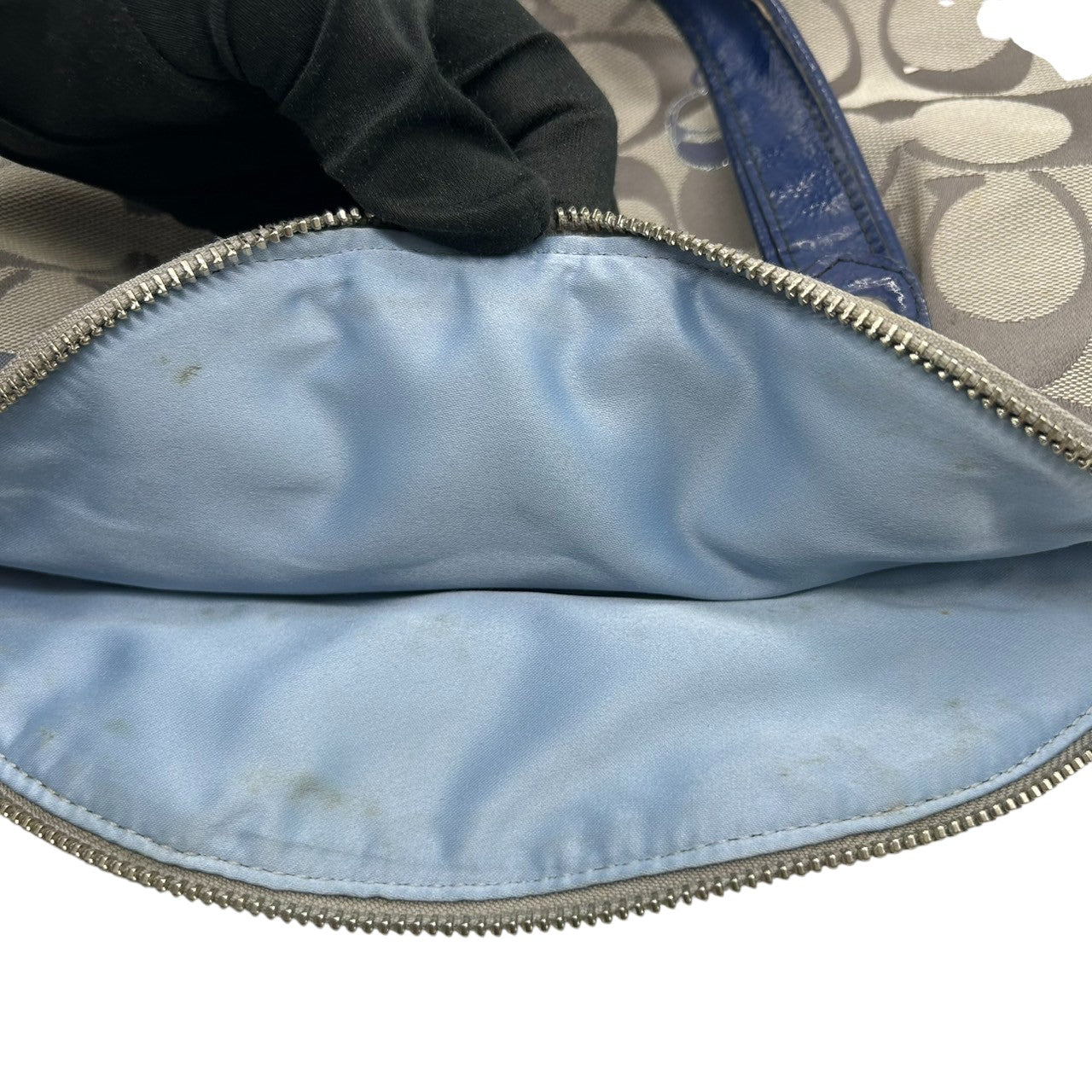 コーチ COACH 2WAY ハンドバッグ ショルダーバッグ ポピー シグネチャー スポットライト 18704 キャンバス パテントレザー グレー ネイビー レディース エレガント フェミニン 定番人気モデル 肩掛け 斜め掛け可 クリーニング済み s29