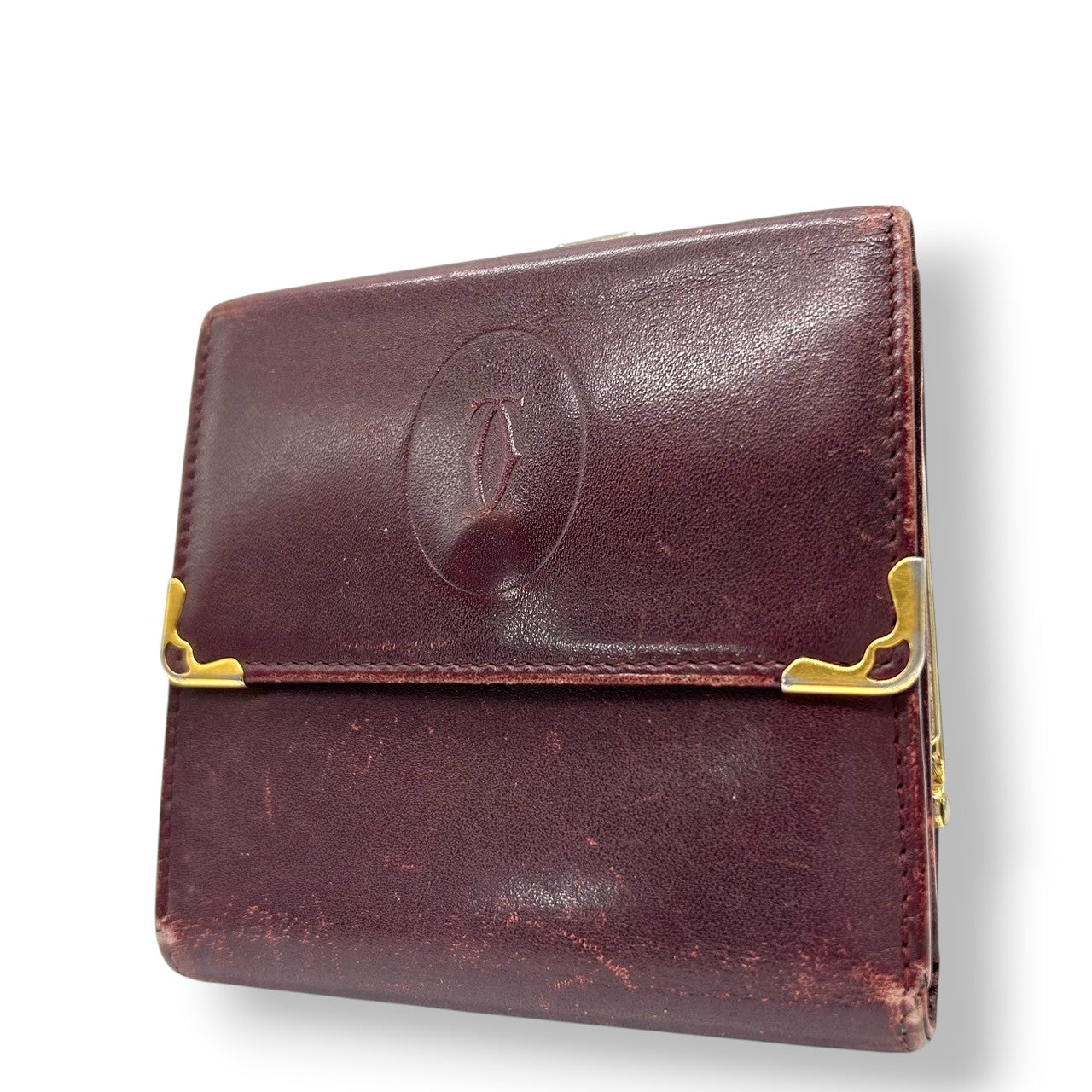 カルティエ Cartier マストライン がま口 二つ折り 財布 コンパクトウォレット ヴィンテージ レディース レザー 本革 ボルドー ワインレッド ゴールド金具 Cロゴ エレガント クラシックデザイン クリーニング済み w5