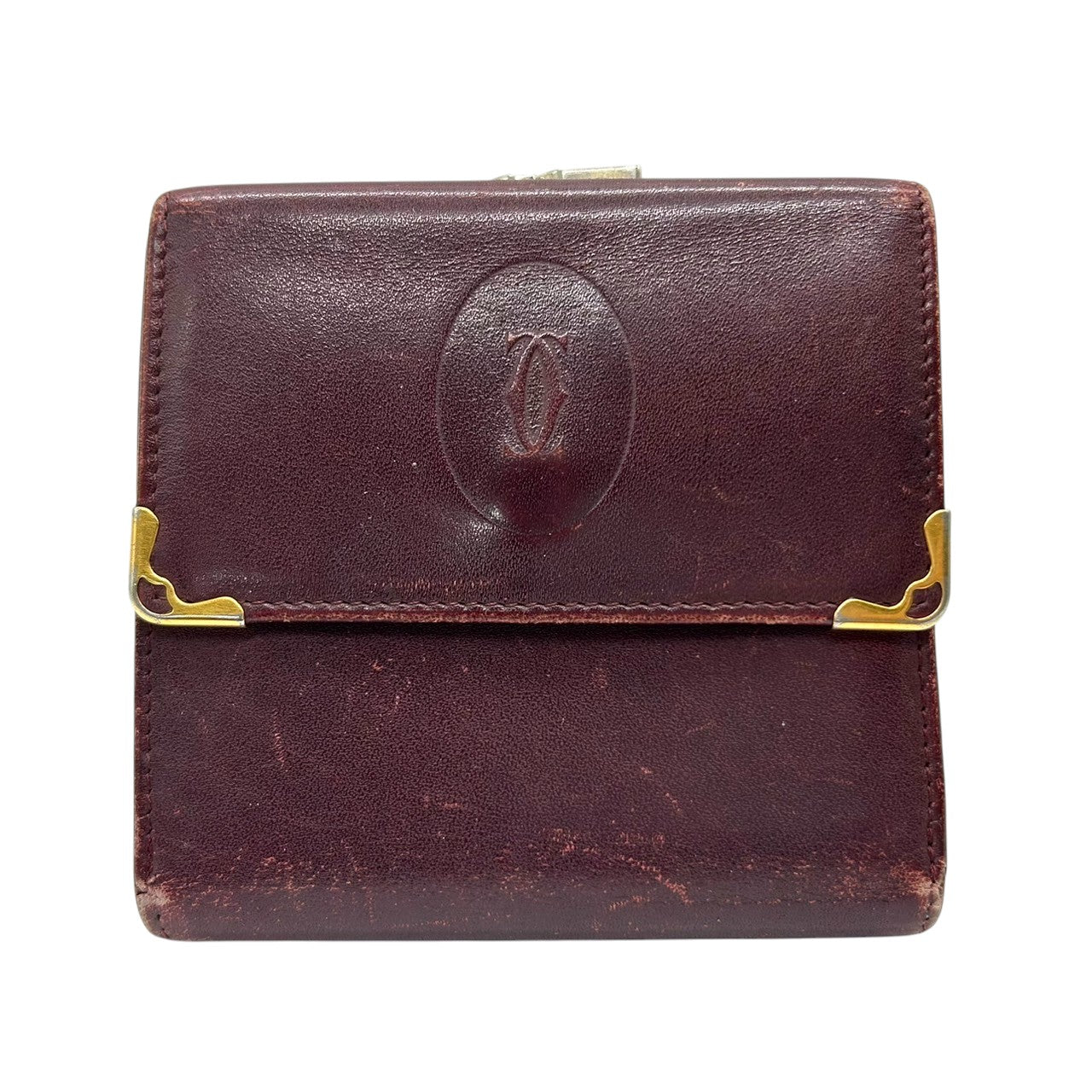 カルティエ Cartier マストライン がま口 二つ折り 財布 コンパクトウォレット ヴィンテージ レディース レザー 本革 ボルドー ワインレッド ゴールド金具 Cロゴ エレガント クラシックデザイン クリーニング済み w5