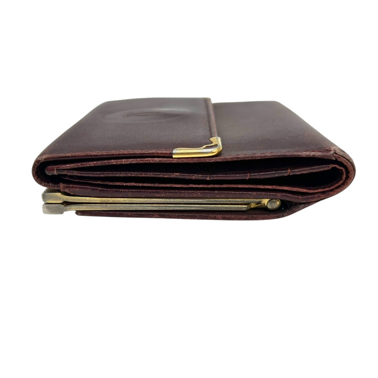 カルティエ Cartier マストライン がま口 二つ折り 財布 コンパクトウォレット ヴィンテージ レディース レザー 本革 ボルドー ワインレッド ゴールド金具 Cロゴ エレガント クラシックデザイン クリーニング済み w5