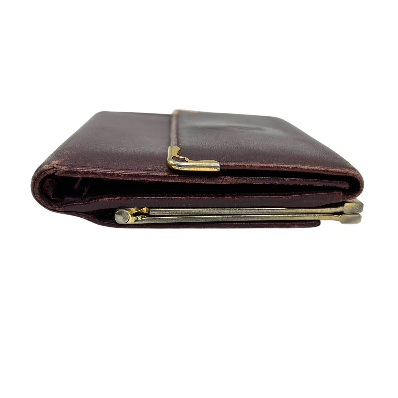 カルティエ Cartier マストライン がま口 二つ折り 財布 コンパクトウォレット ヴィンテージ レディース レザー 本革 ボルドー ワインレッド ゴールド金具 Cロゴ エレガント クラシックデザイン クリーニング済み w5