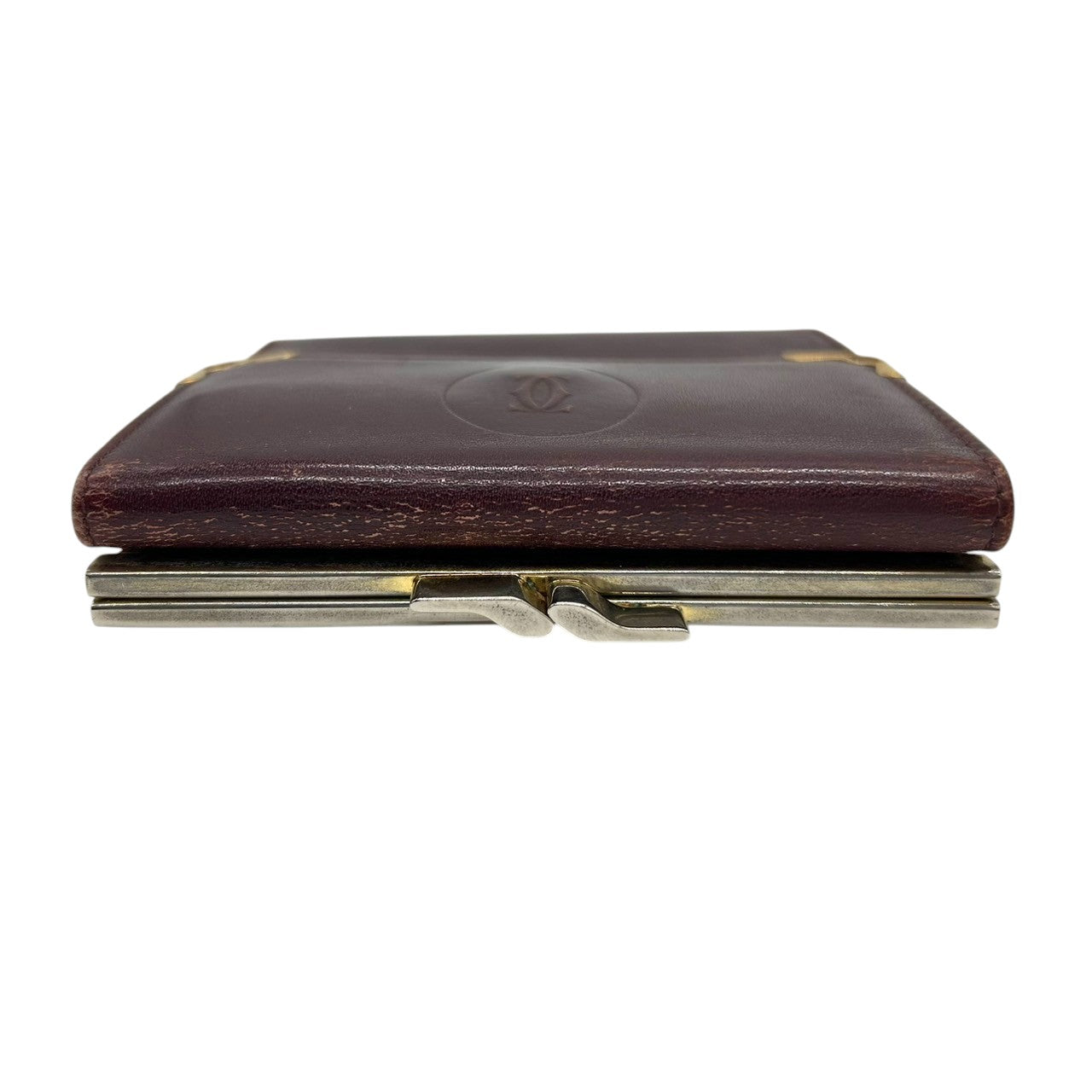 カルティエ Cartier マストライン がま口 二つ折り 財布 コンパクトウォレット ヴィンテージ レディース レザー 本革 ボルドー ワインレッド ゴールド金具 Cロゴ エレガント クラシックデザイン クリーニング済み w5