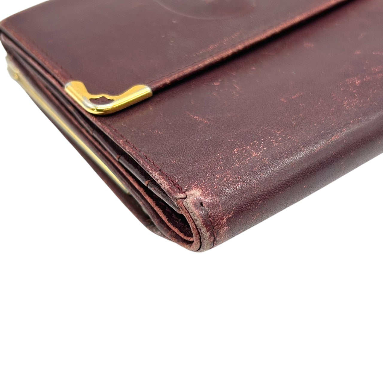 カルティエ Cartier マストライン がま口 二つ折り 財布 コンパクトウォレット ヴィンテージ レディース レザー 本革 ボルドー ワインレッド ゴールド金具 Cロゴ エレガント クラシックデザイン クリーニング済み w5
