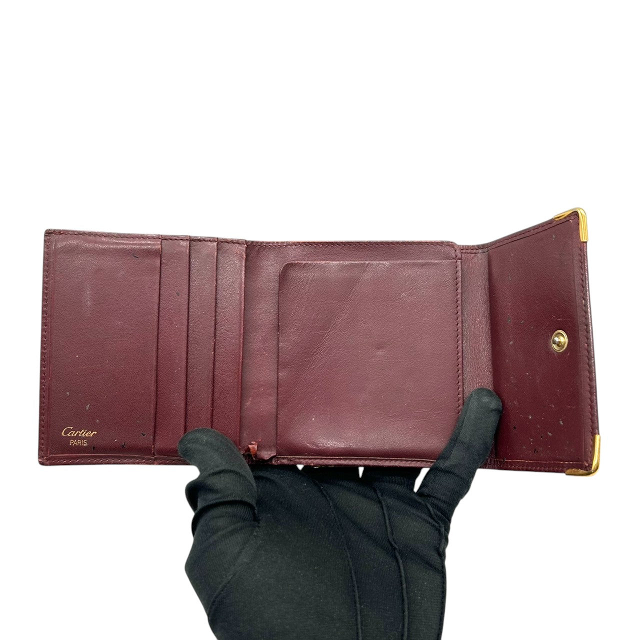 カルティエ Cartier マストライン がま口 二つ折り 財布 コンパクトウォレット ヴィンテージ レディース レザー 本革 ボルドー ワインレッド ゴールド金具 Cロゴ エレガント クラシックデザイン クリーニング済み w5