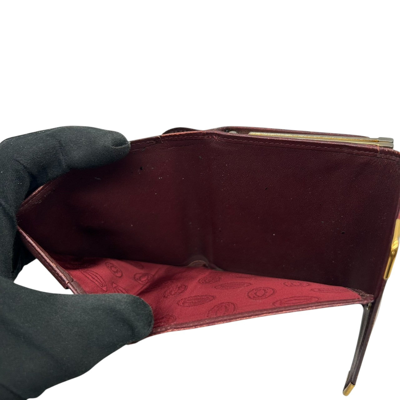 カルティエ Cartier マストライン がま口 二つ折り 財布 コンパクトウォレット ヴィンテージ レディース レザー 本革 ボルドー ワインレッド ゴールド金具 Cロゴ エレガント クラシックデザイン クリーニング済み w5