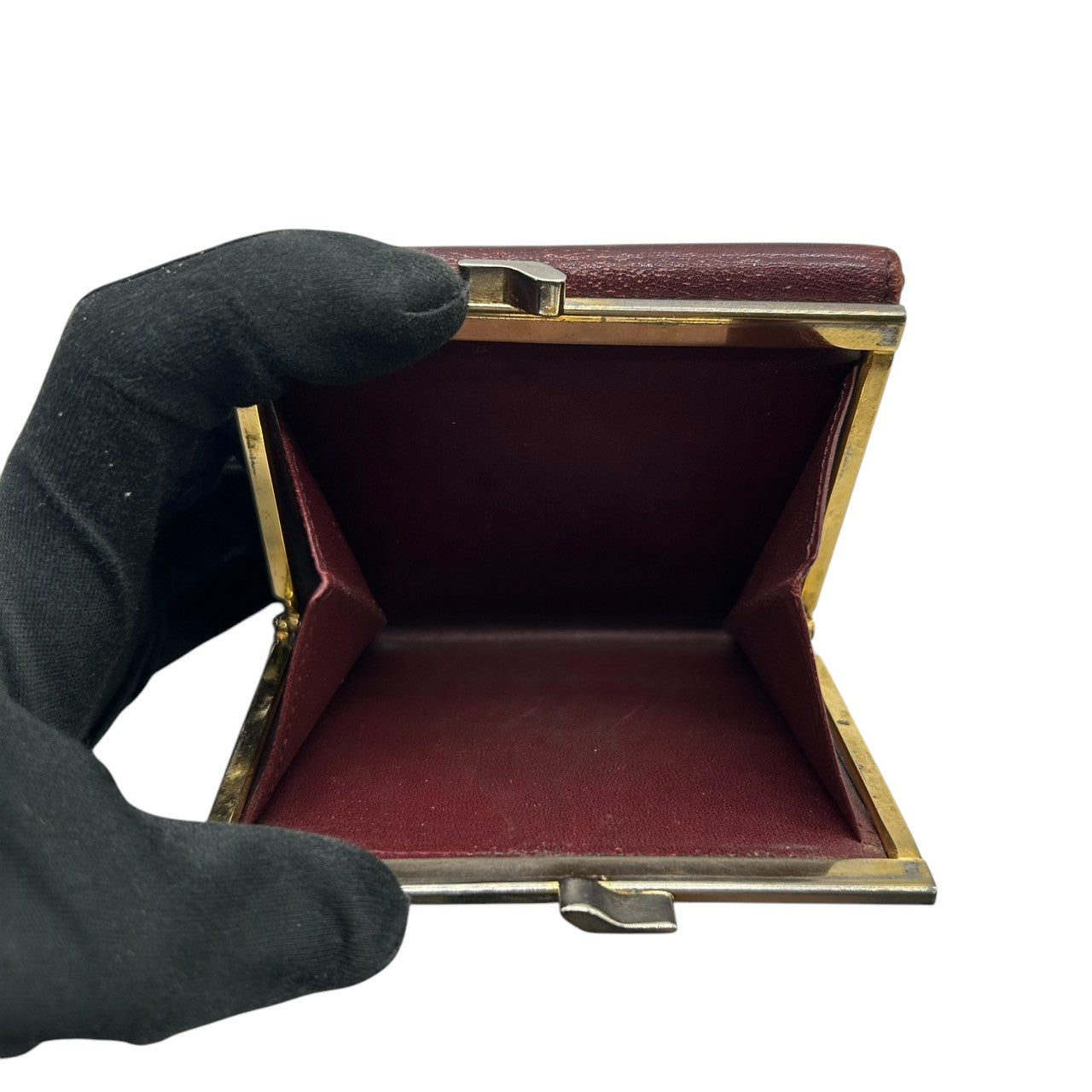 カルティエ Cartier マストライン がま口 二つ折り 財布 コンパクトウォレット ヴィンテージ レディース レザー 本革 ボルドー ワインレッド ゴールド金具 Cロゴ エレガント クラシックデザイン クリーニング済み w5