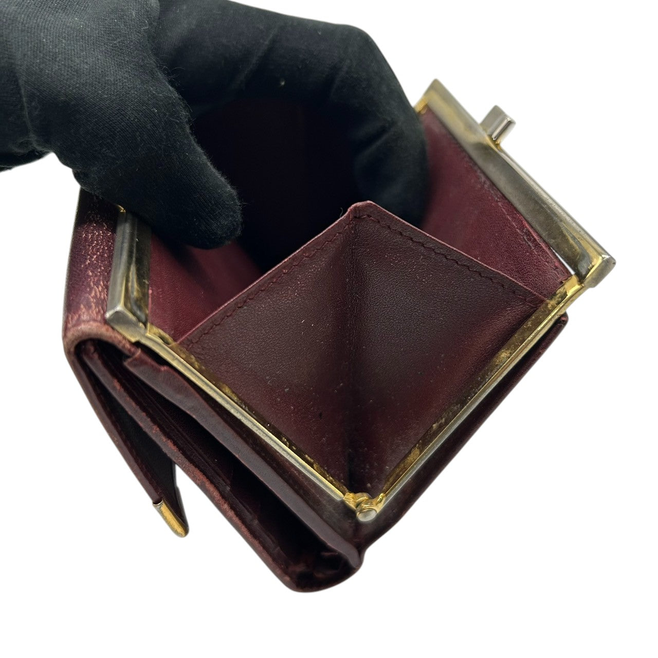 カルティエ Cartier マストライン がま口 二つ折り 財布 コンパクトウォレット ヴィンテージ レディース レザー 本革 ボルドー ワインレッド ゴールド金具 Cロゴ エレガント クラシックデザイン クリーニング済み w5