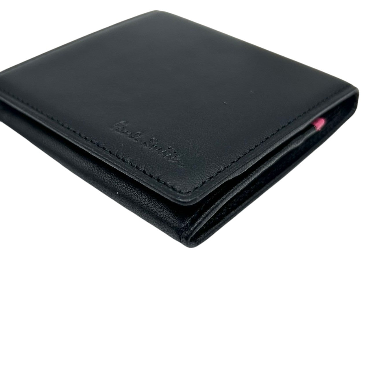 【極美品】ポールスミス Paul Smith コインケース 小銭入れ 財布 コンパクトウォレット レザー 本革 ブラック 黒 内側ピンク バイカラー ミニマルデザイン メンズ レディース ユニセックス ロゴ型押し 箱付き クリーニング済み w5
