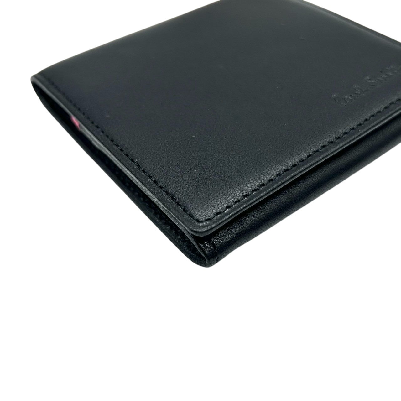 【極美品】ポールスミス Paul Smith コインケース 小銭入れ 財布 コンパクトウォレット レザー 本革 ブラック 黒 内側ピンク バイカラー ミニマルデザイン メンズ レディース ユニセックス ロゴ型押し 箱付き クリーニング済み w5
