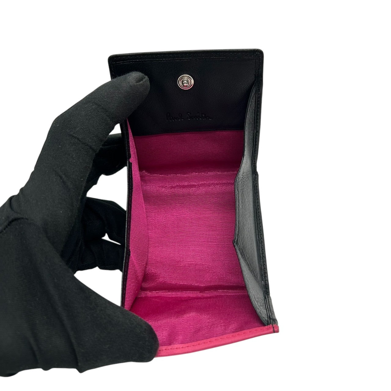 【極美品】ポールスミス Paul Smith コインケース 小銭入れ 財布 コンパクトウォレット レザー 本革 ブラック 黒 内側ピンク バイカラー ミニマルデザイン メンズ レディース ユニセックス ロゴ型押し 箱付き クリーニング済み w5