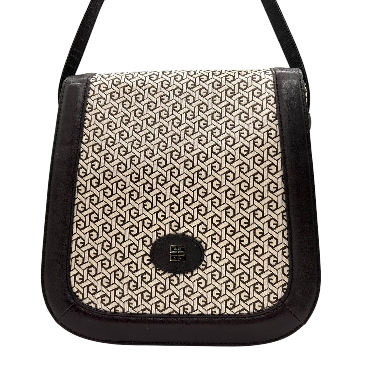 【美品】 ジバンシー ジバンシィ GIVENCHY SACS ヴィンテージ ショルダーバッグ 4Gロゴ 総柄 幾何学模様 キャンバス レザー ブラウン 斜め掛け可 レディース クラシック vintage ポシェット 鏡付き クリーニング済み U9