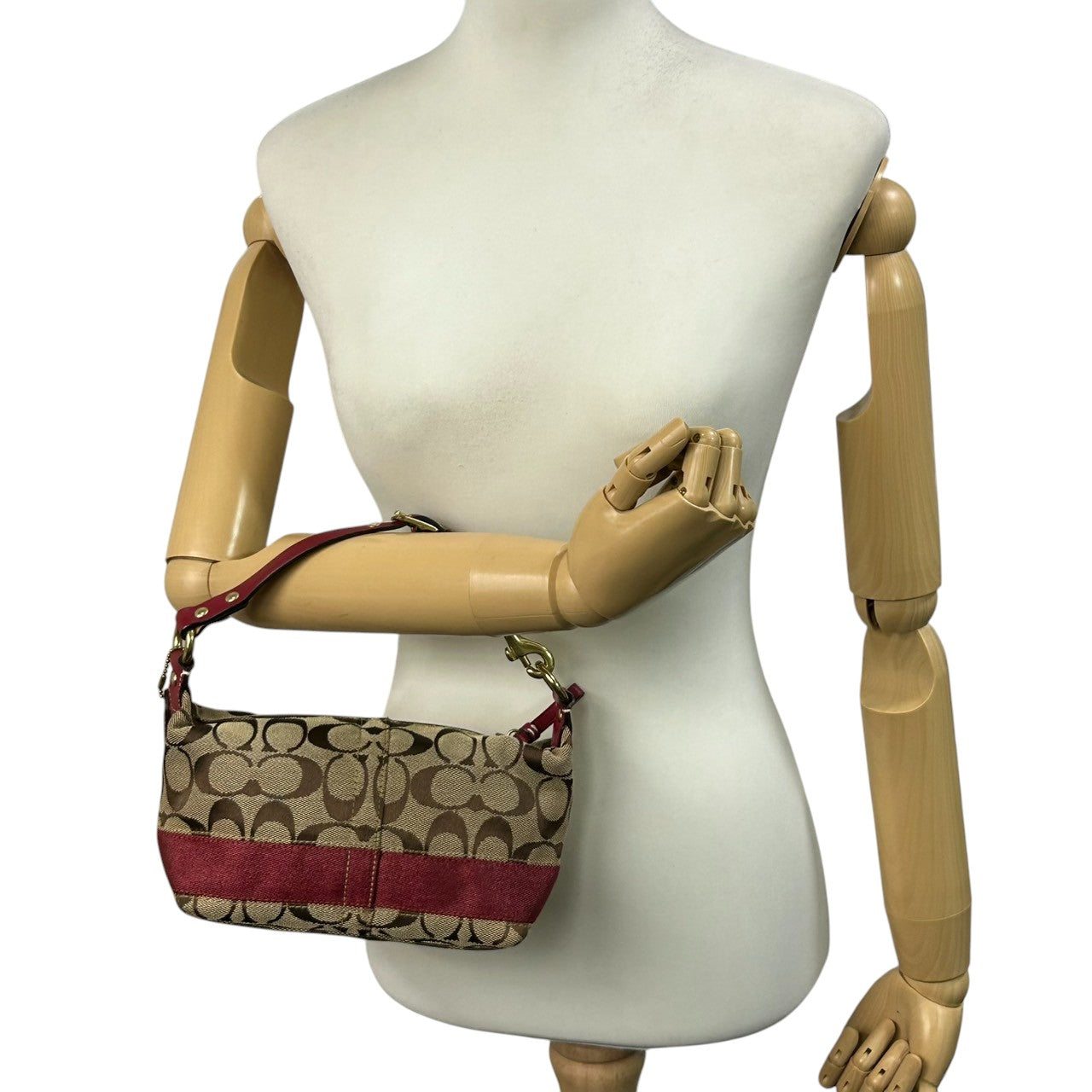 【極美品】コーチ COACH ハンドバッグ F14024 シグネチャー アクセサリーポーチ ミニバッグ レディース キャンバス レザー ベージュ ブラウン レッド ゴールド金具 Y2K 00s vintage クラシック s90