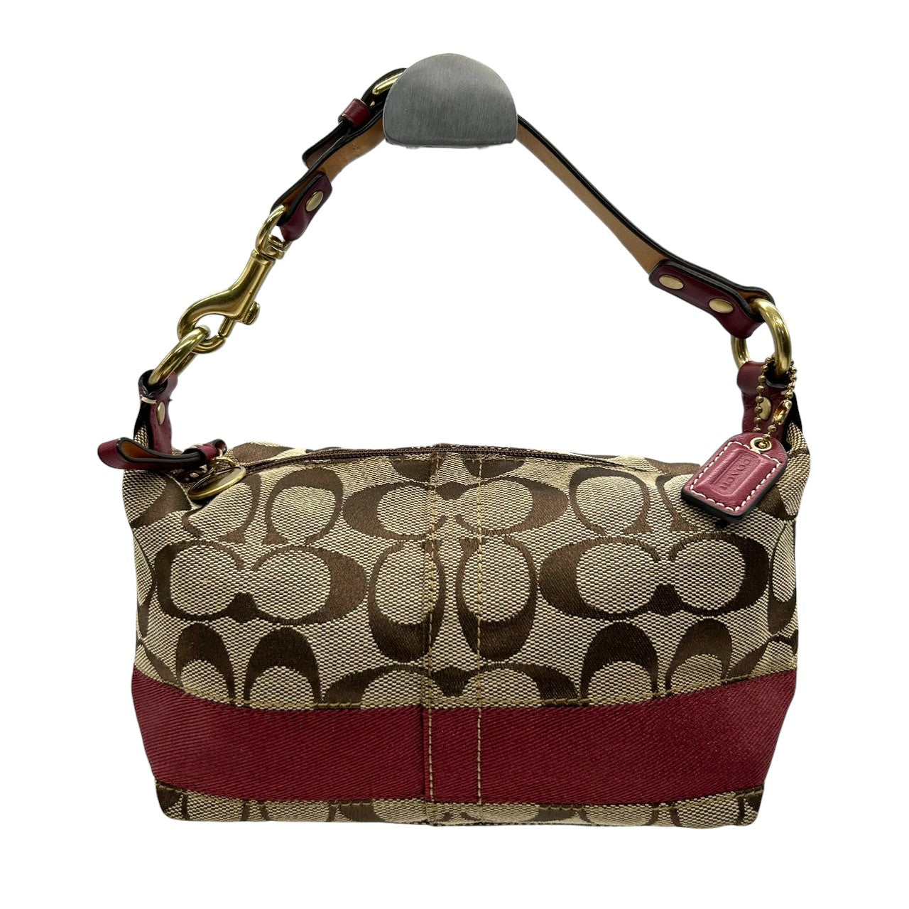 【極美品】コーチ COACH ハンドバッグ F14024 シグネチャー アクセサリーポーチ ミニバッグ レディース キャンバス レザー ベージュ ブラウン レッド ゴールド金具 Y2K 00s vintage クラシック s90