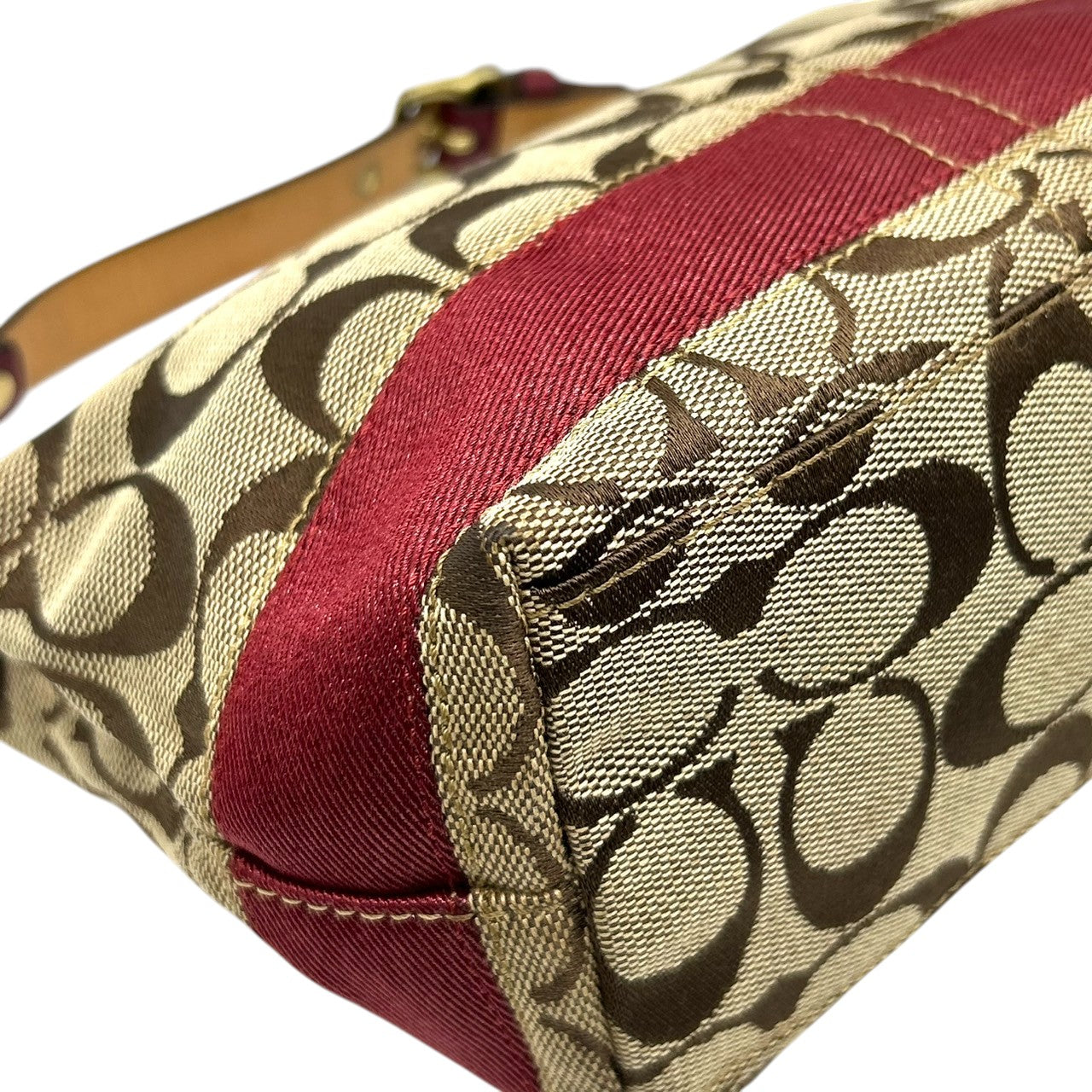 【極美品】コーチ COACH ハンドバッグ F14024 シグネチャー アクセサリーポーチ ミニバッグ レディース キャンバス レザー ベージュ ブラウン レッド ゴールド金具 Y2K 00s vintage クラシック s90