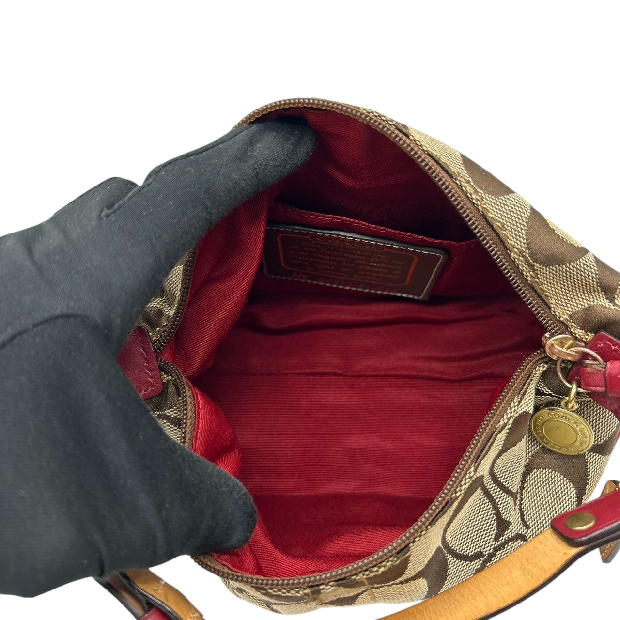 【極美品】コーチ COACH ハンドバッグ F14024 シグネチャー アクセサリーポーチ ミニバッグ レディース キャンバス レザー ベージュ ブラウン レッド ゴールド金具 Y2K 00s vintage クラシック s90