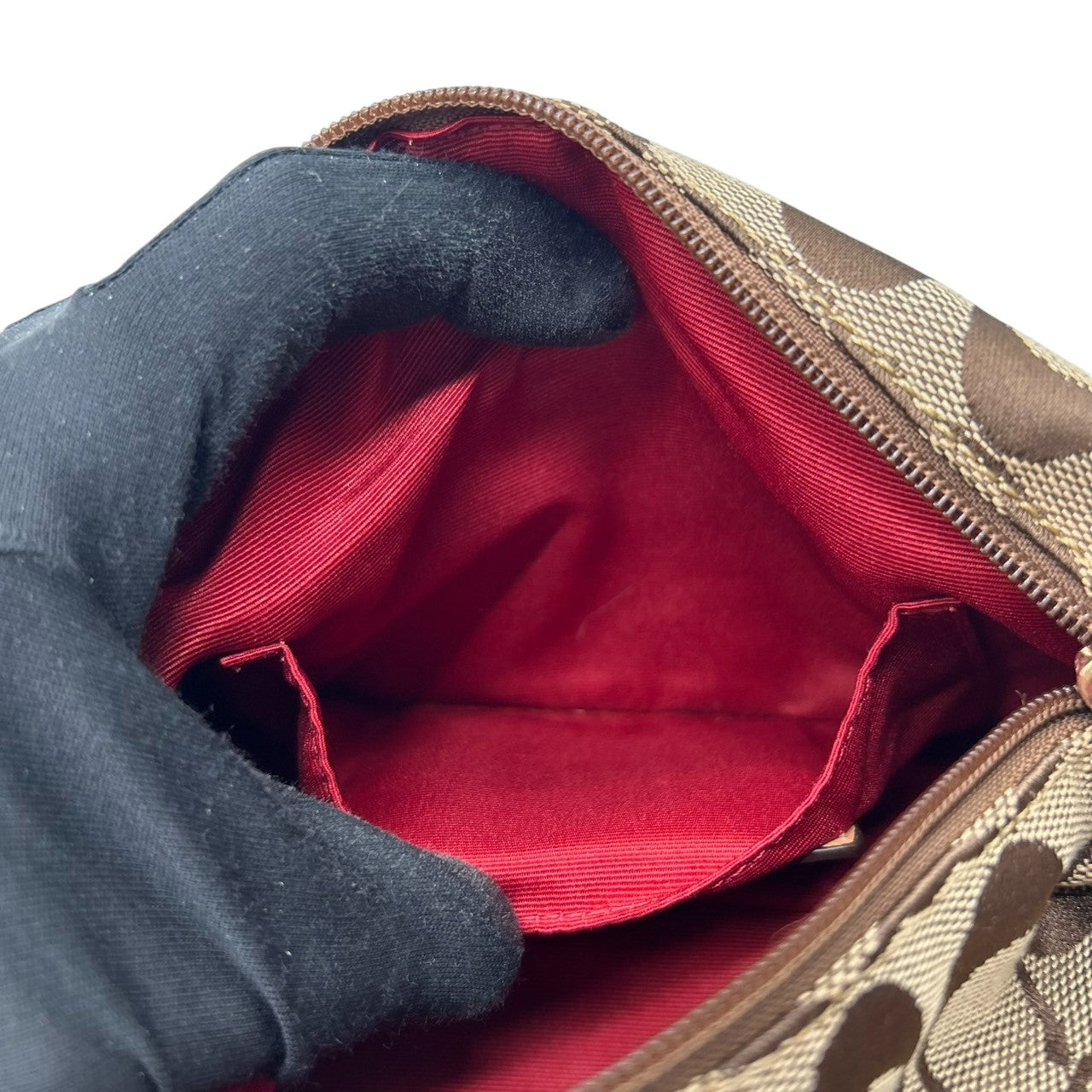 【極美品】コーチ COACH ハンドバッグ F14024 シグネチャー アクセサリーポーチ ミニバッグ レディース キャンバス レザー ベージュ ブラウン レッド ゴールド金具 Y2K 00s vintage クラシック s90