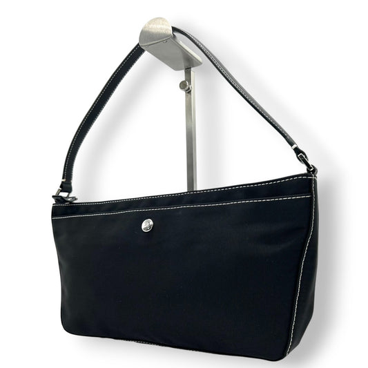 【美品】アニエスベー agnes b. ハンドバッグ アクセサリーポーチ ミニバッグ ナイロン レザー ブラック 黒 ホワイトステッチ b.ロゴ レディース シンプル カジュアル エレガント デザイン 自立可 クリーニング済み s90