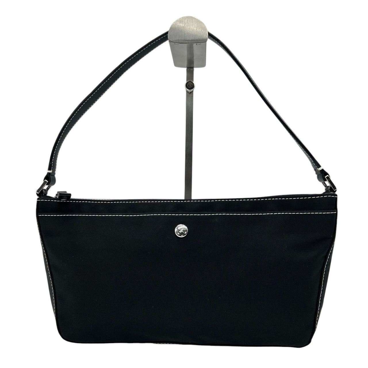 【美品】アニエスベー agnes b. ハンドバッグ アクセサリーポーチ ミニバッグ ナイロン レザー ブラック 黒 ホワイトステッチ b.ロゴ レディース シンプル カジュアル エレガント デザイン 自立可 クリーニング済み s90